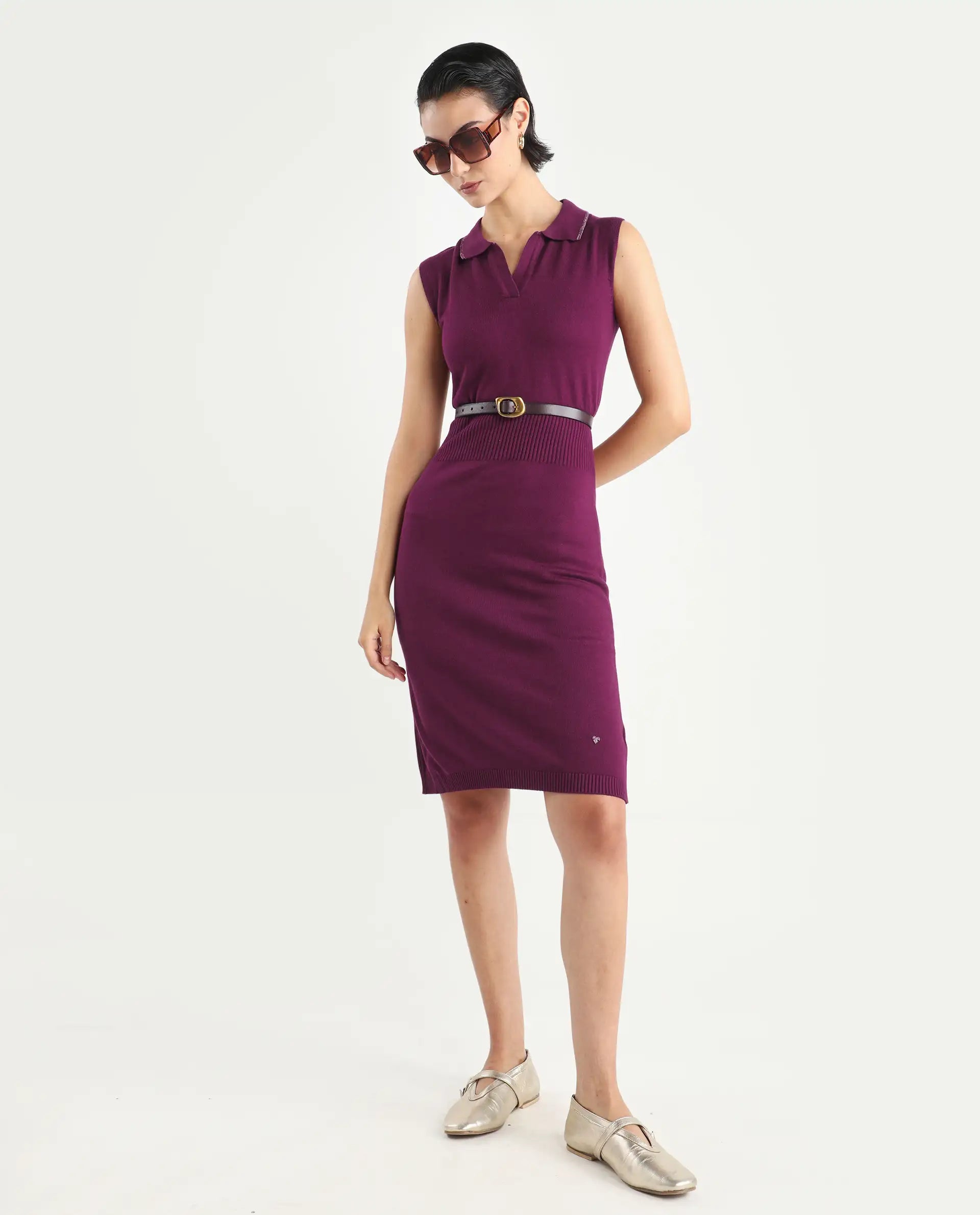 Rareism Women's Knitsy Dark Maroon Cotton Spread Collar Plain Sleeveless Knee Length Regular Fit Sweater