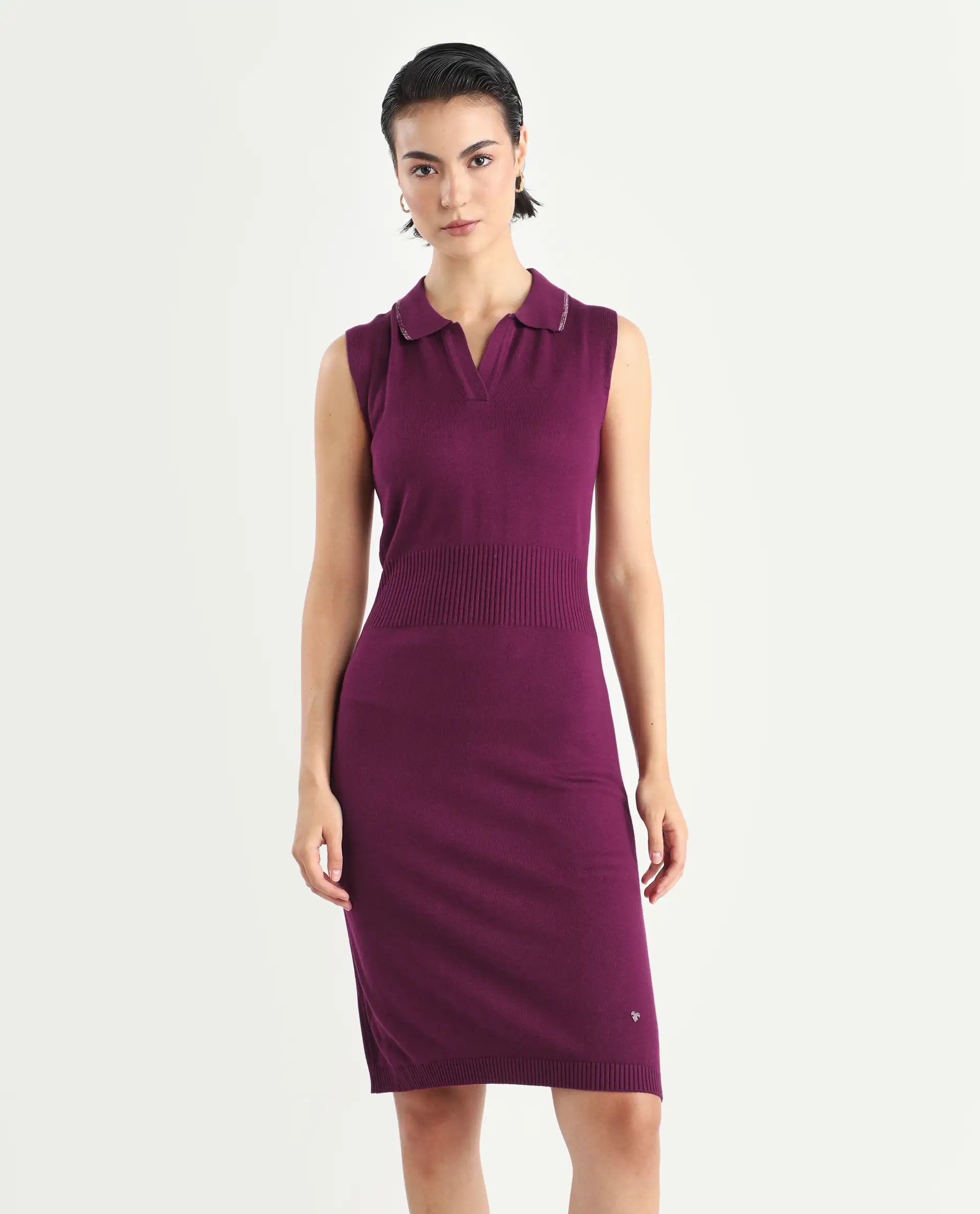 Rareism Women's Knitsy Dark Maroon Cotton Spread Collar Plain Sleeveless Knee Length Regular Fit Sweater