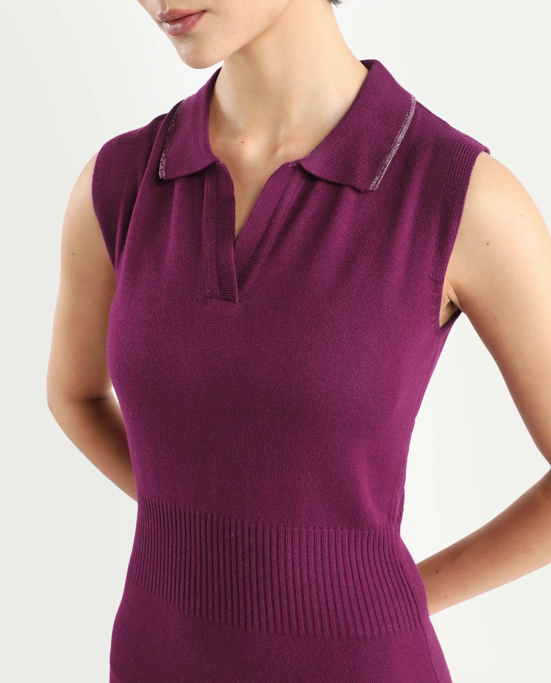 Rareism Women's Knitsy Dark Maroon Viscose Spread Collar Plain Sleeveless Knee Length Regular Fit Sweater