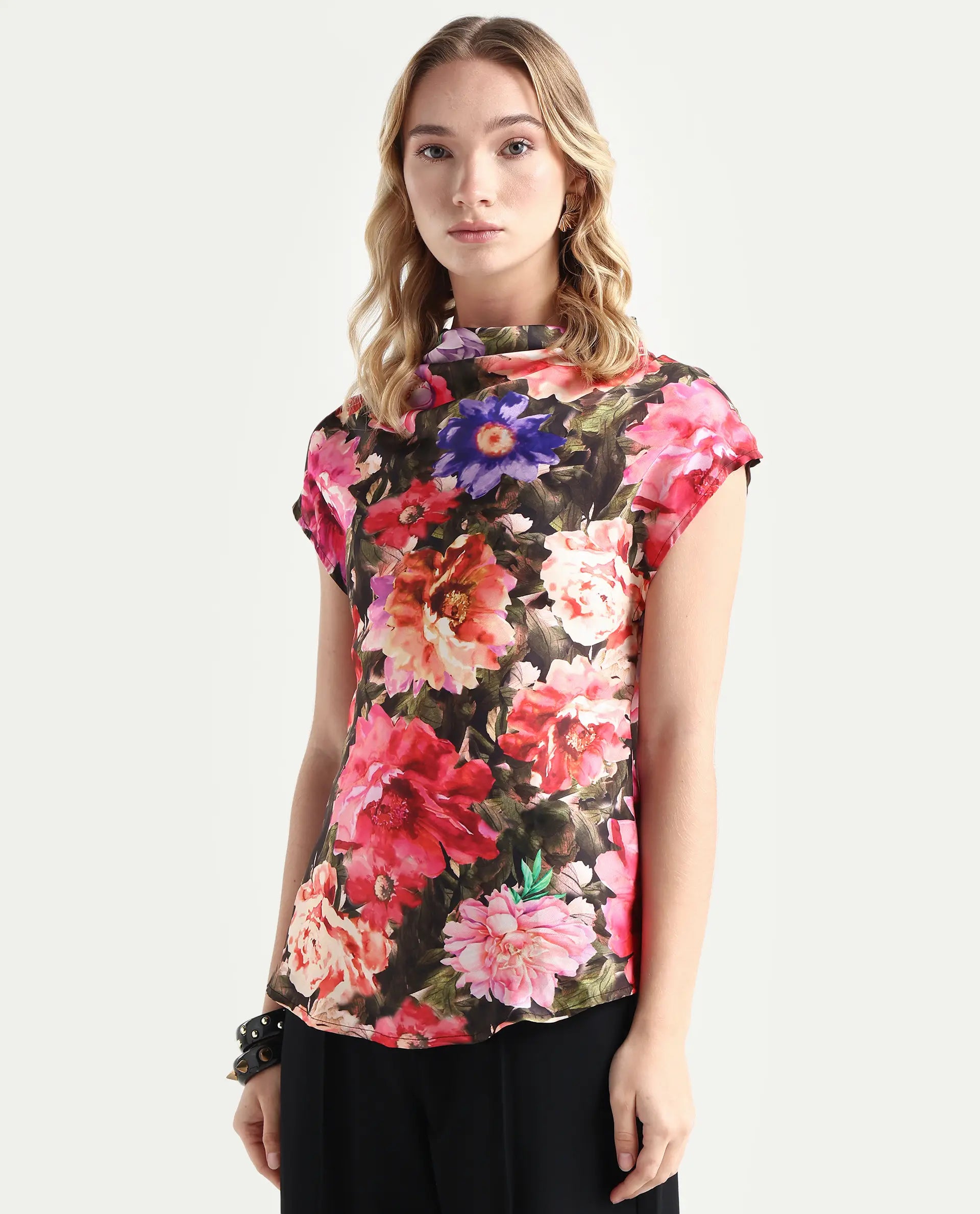 Rareism Women's Arturo Multi Polyester Cowl Neck Floral Print Extended Sleeves Regular Fit Top