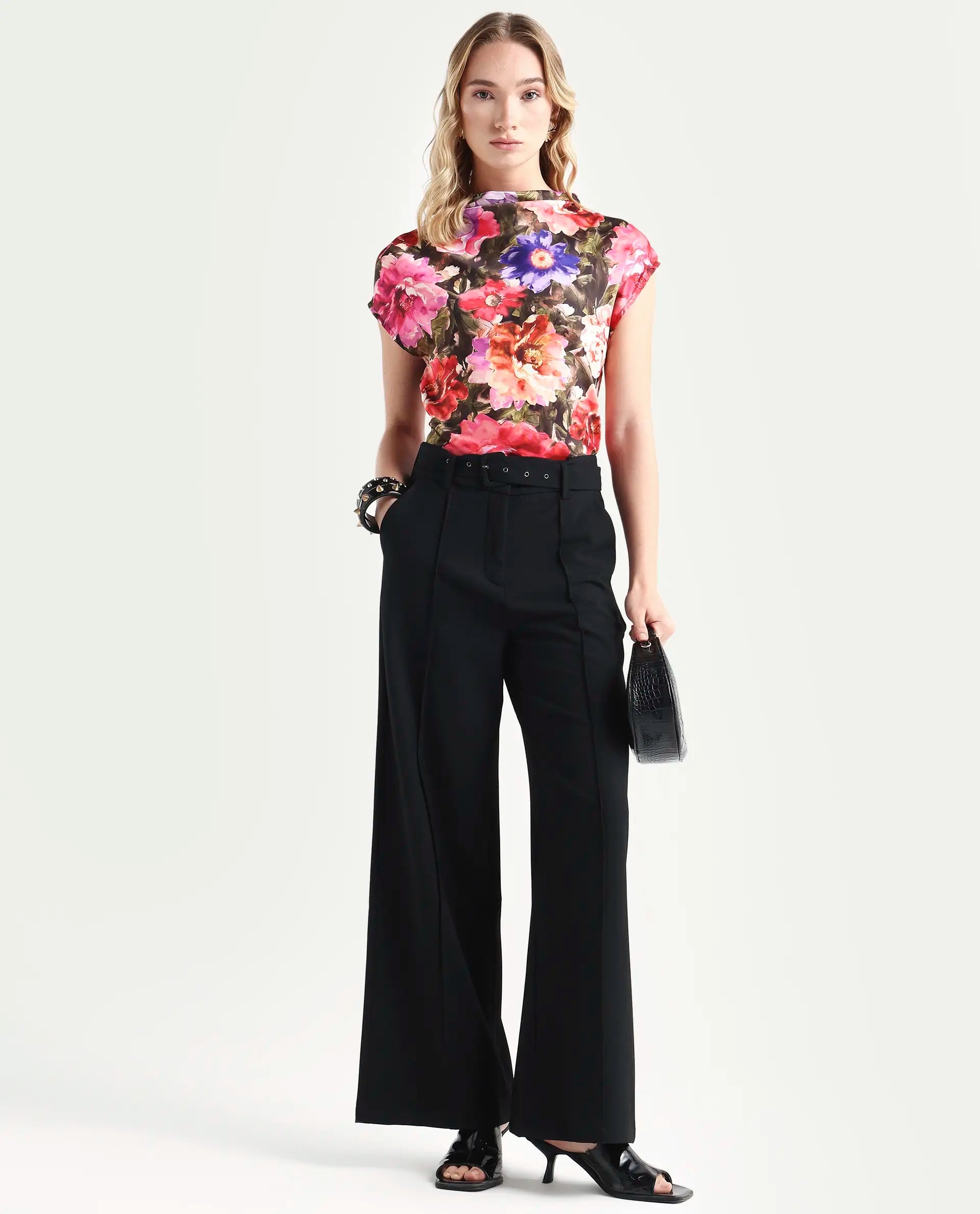 Rareism Women's Arturo Multi Polyester Cowl Neck Floral Print Extended Sleeves Regular Fit Top