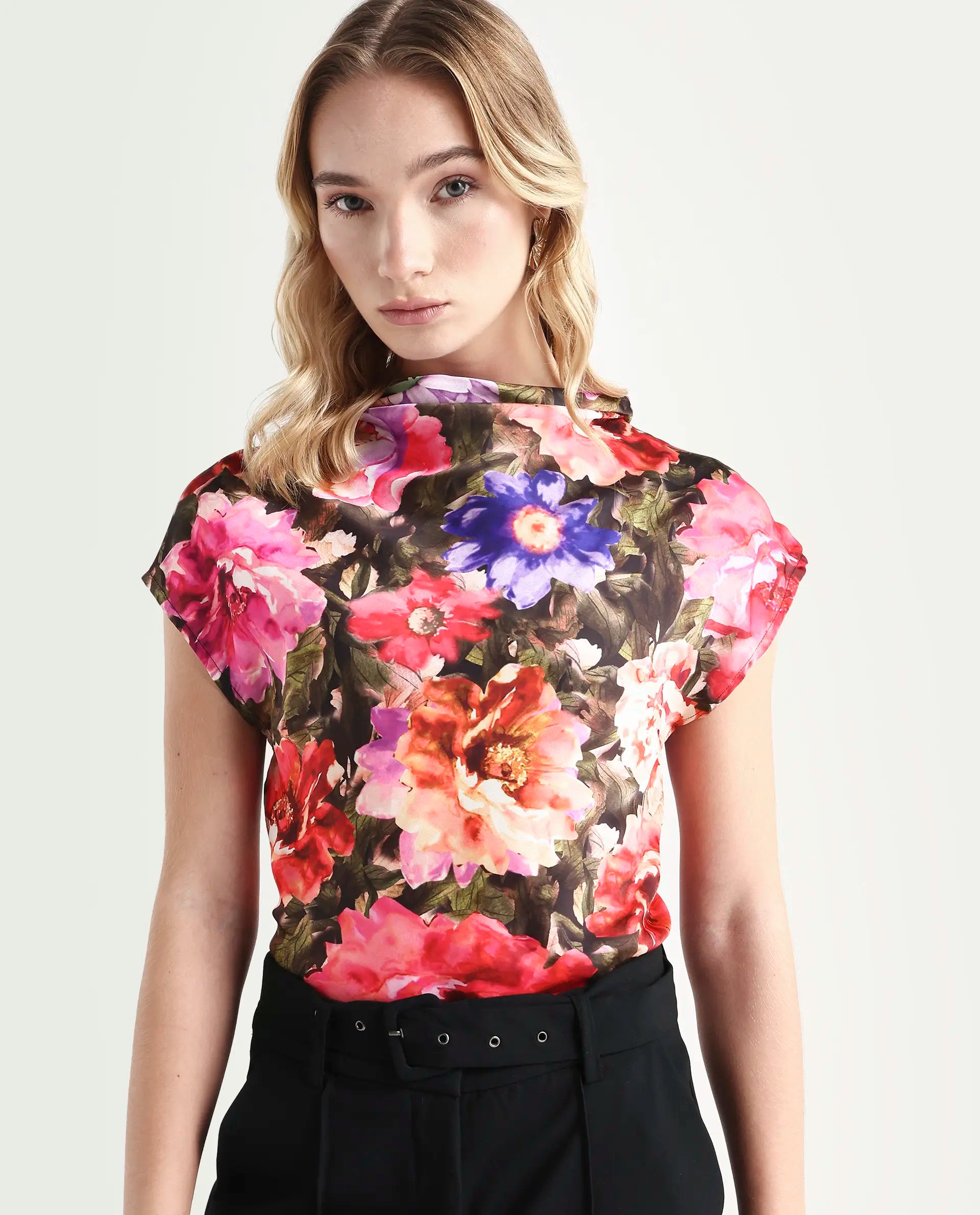 Rareism Women's Arturo Multi Polyester Cowl Neck Floral Print Extended Sleeves Regular Fit Top