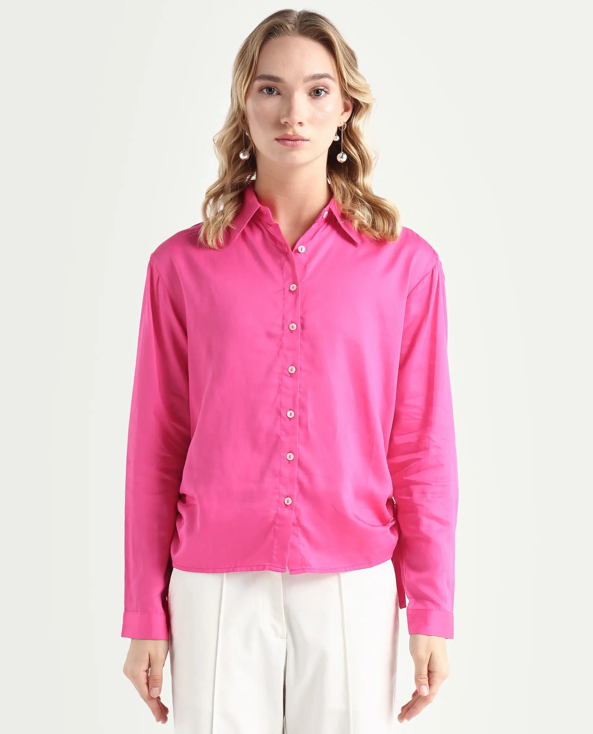 Rareism Women's Avocado Pink Cotton Spread Collar Plain Regular Fit Top