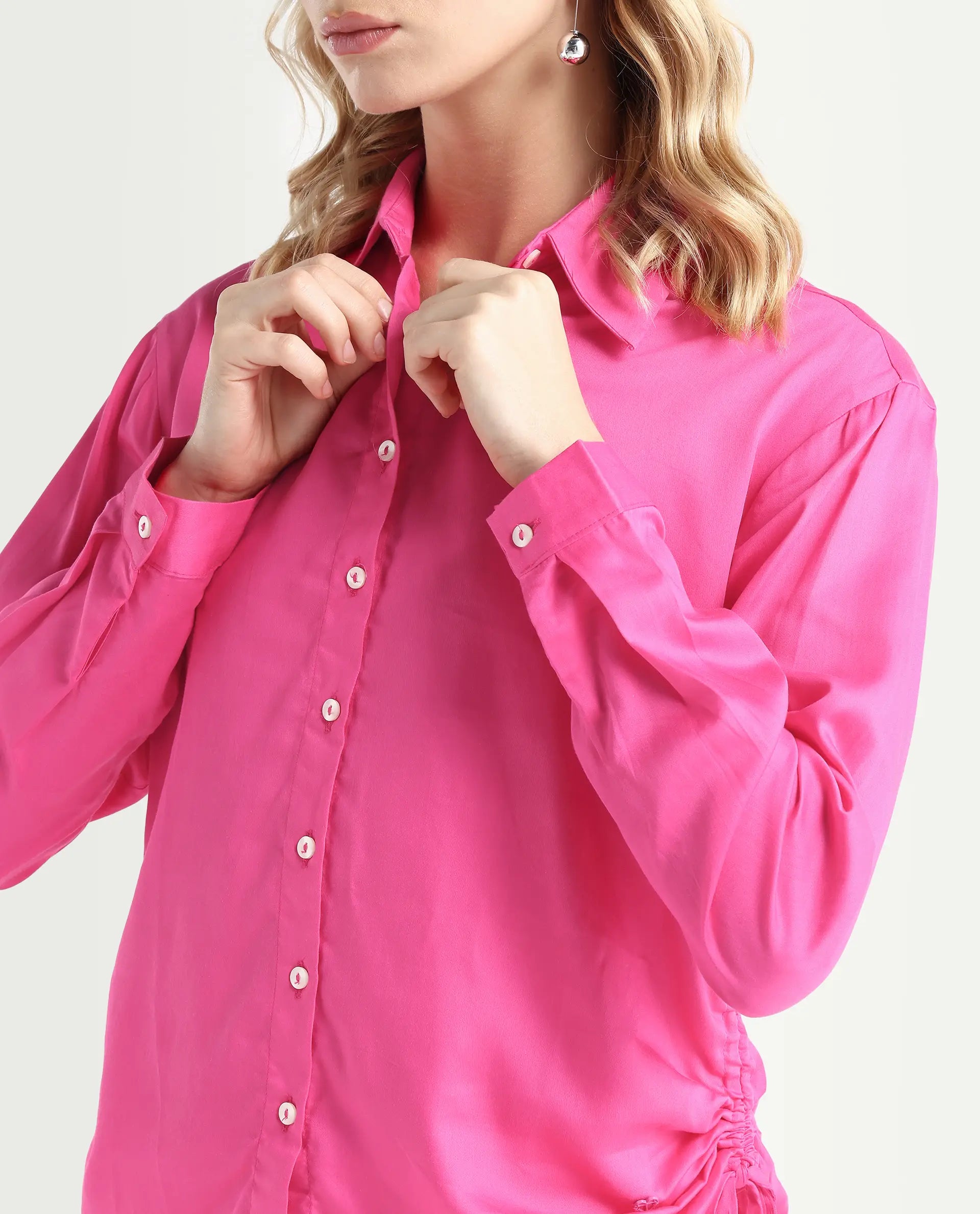 Rareism Women's Avocado Pink Cotton Spread Collar Plain Regular Fit Top