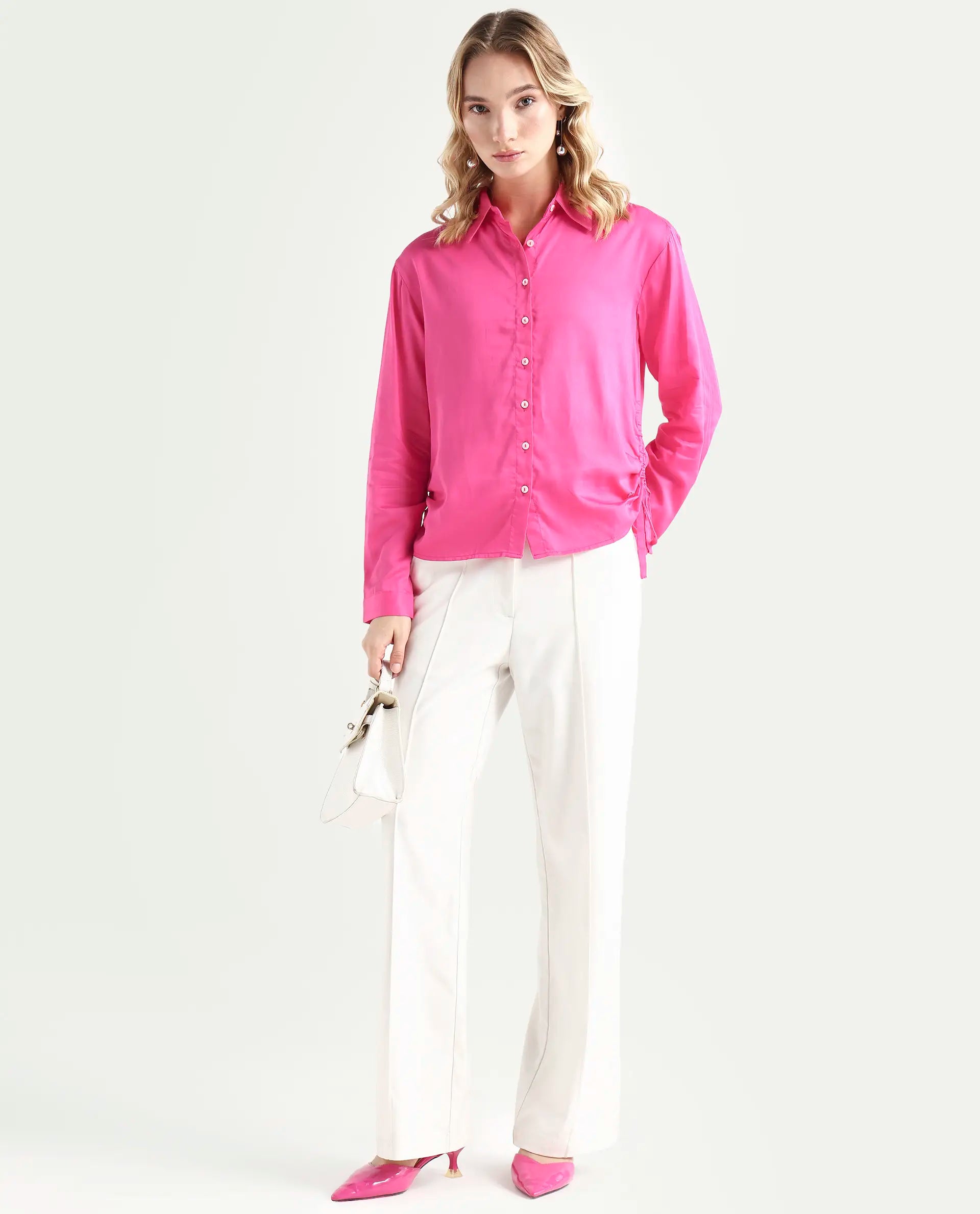 Rareism Women's Avocado Pink Cotton Spread Collar Plain Regular Fit Top