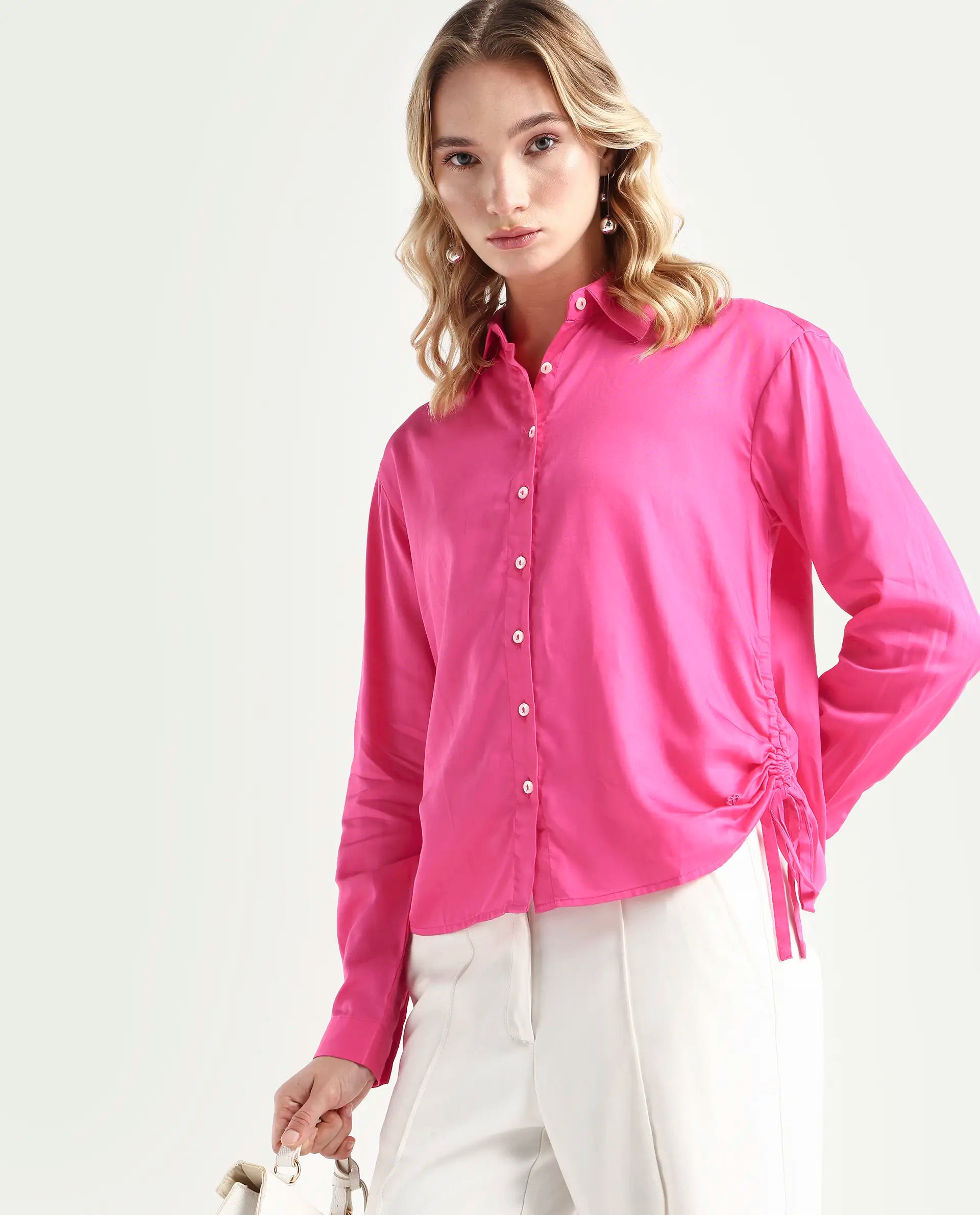 Rareism Women's Avocado Pink Cotton Spread Collar Plain Regular Fit Top