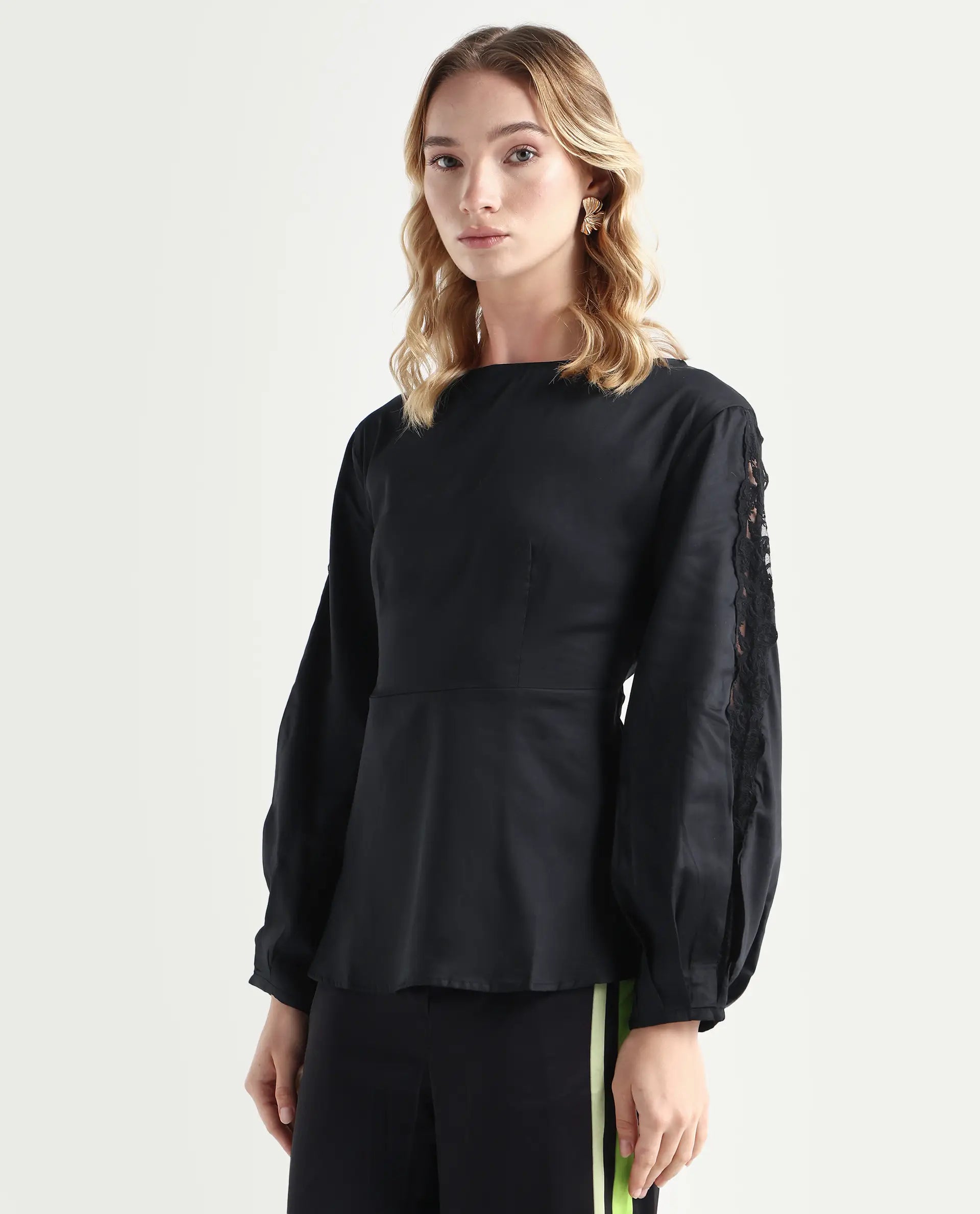 Rareism Women's Rolina Black Cotton Boat Neck Plain Balloon Sleeve Regular Fit Top