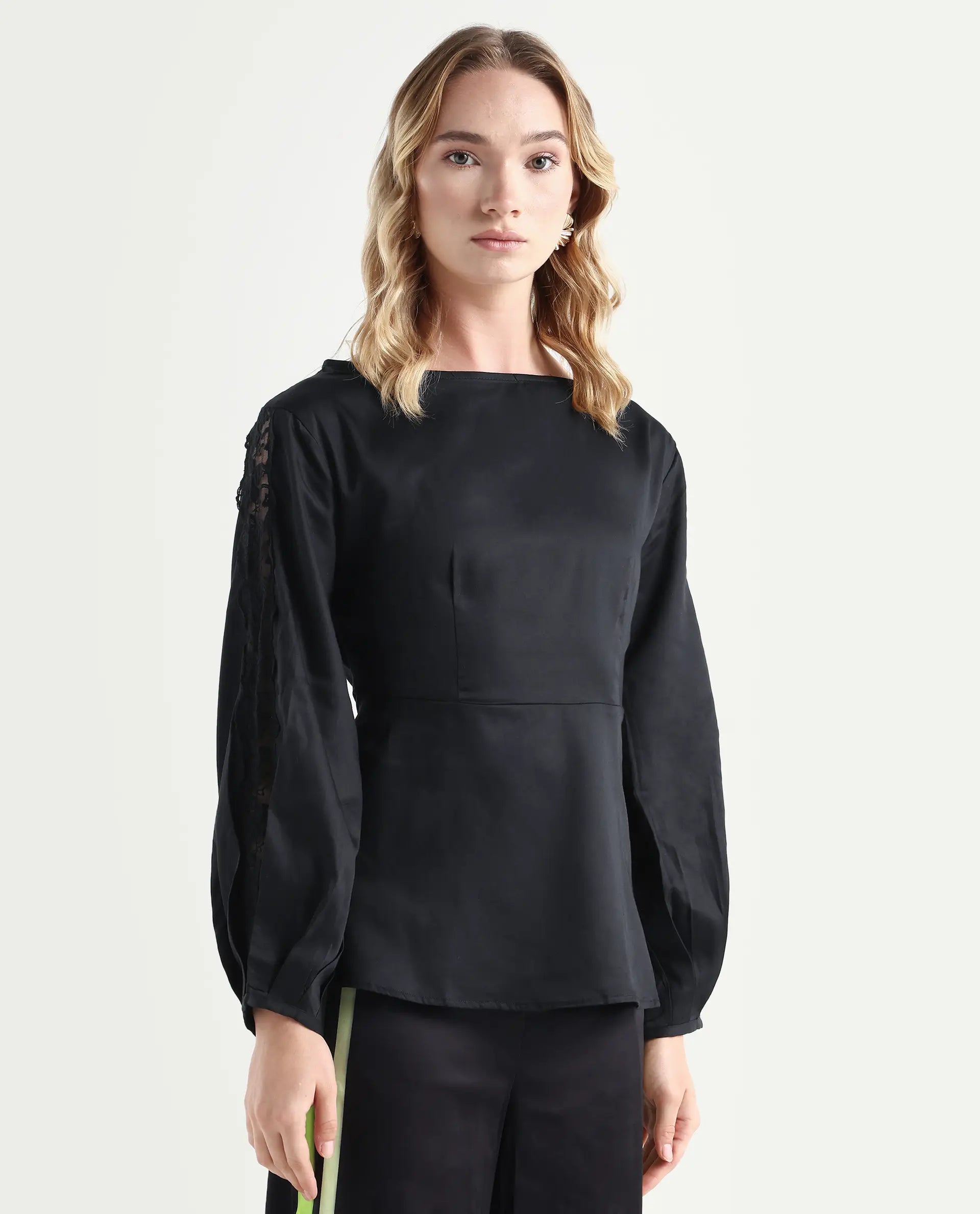 Rareism Women's Rolina Black Cotton Boat Neck Plain Balloon Sleeve Regular Fit Top