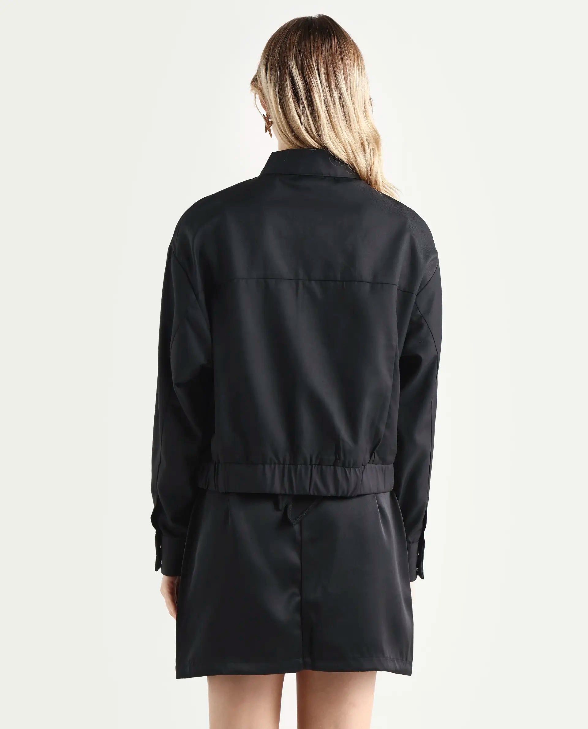 Rareism Women's Ruks Black Polyester High Neck Plain Regular Fit Jacket