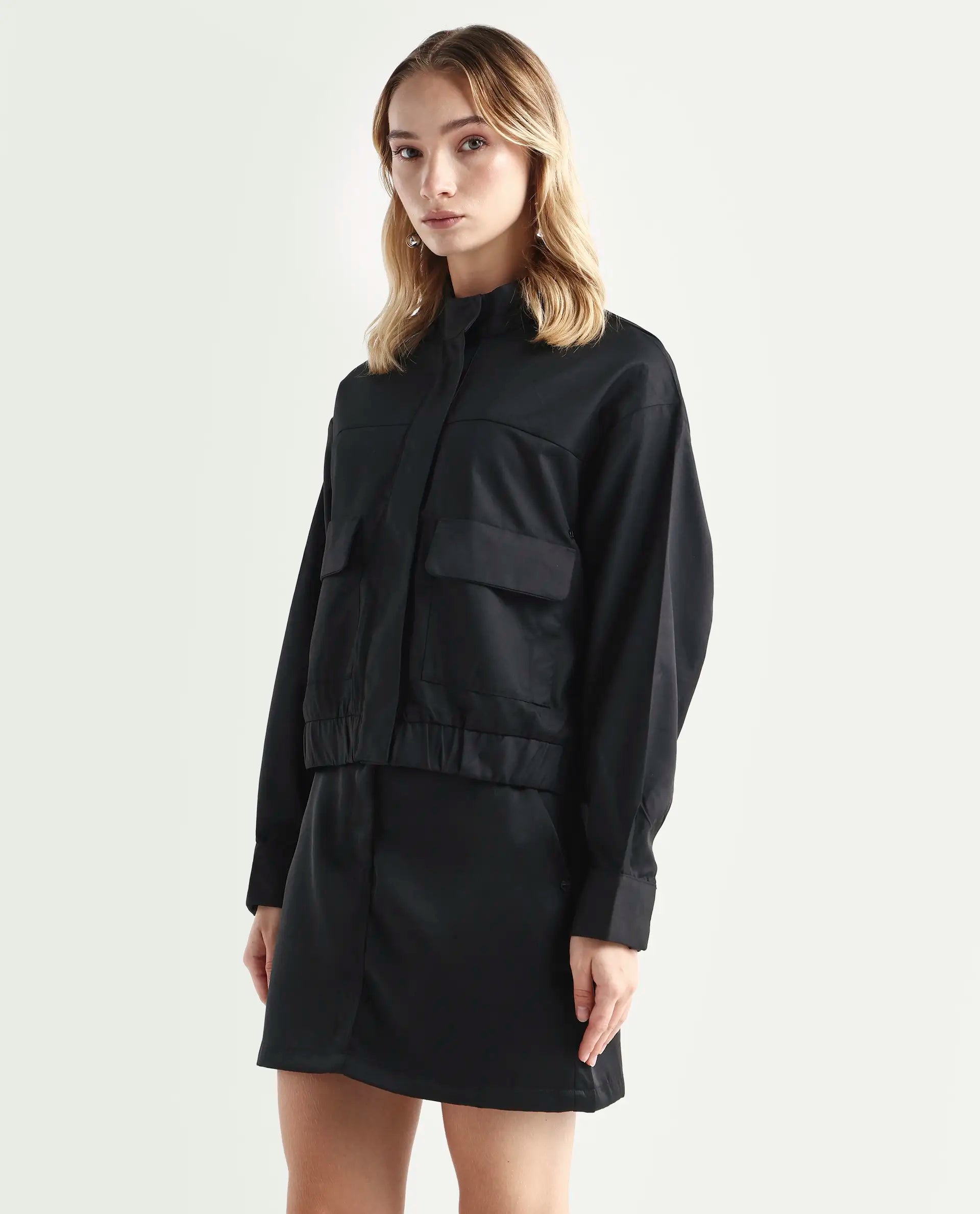 Rareism Women's Ruks Black Polyester High Neck Plain Regular Fit Jacket