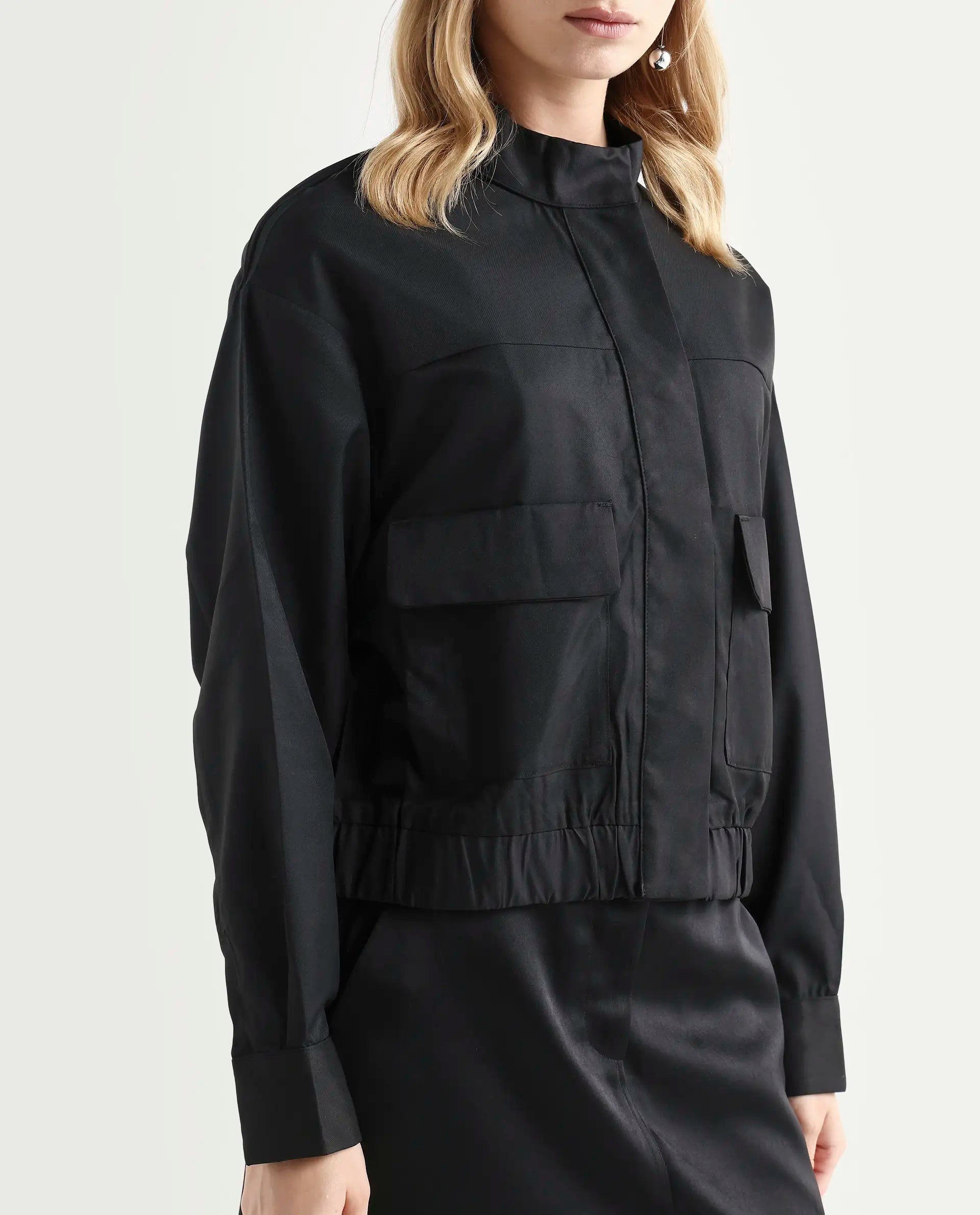 Rareism Women's Ruks Black Polyester High Neck Plain Regular Fit Jacket