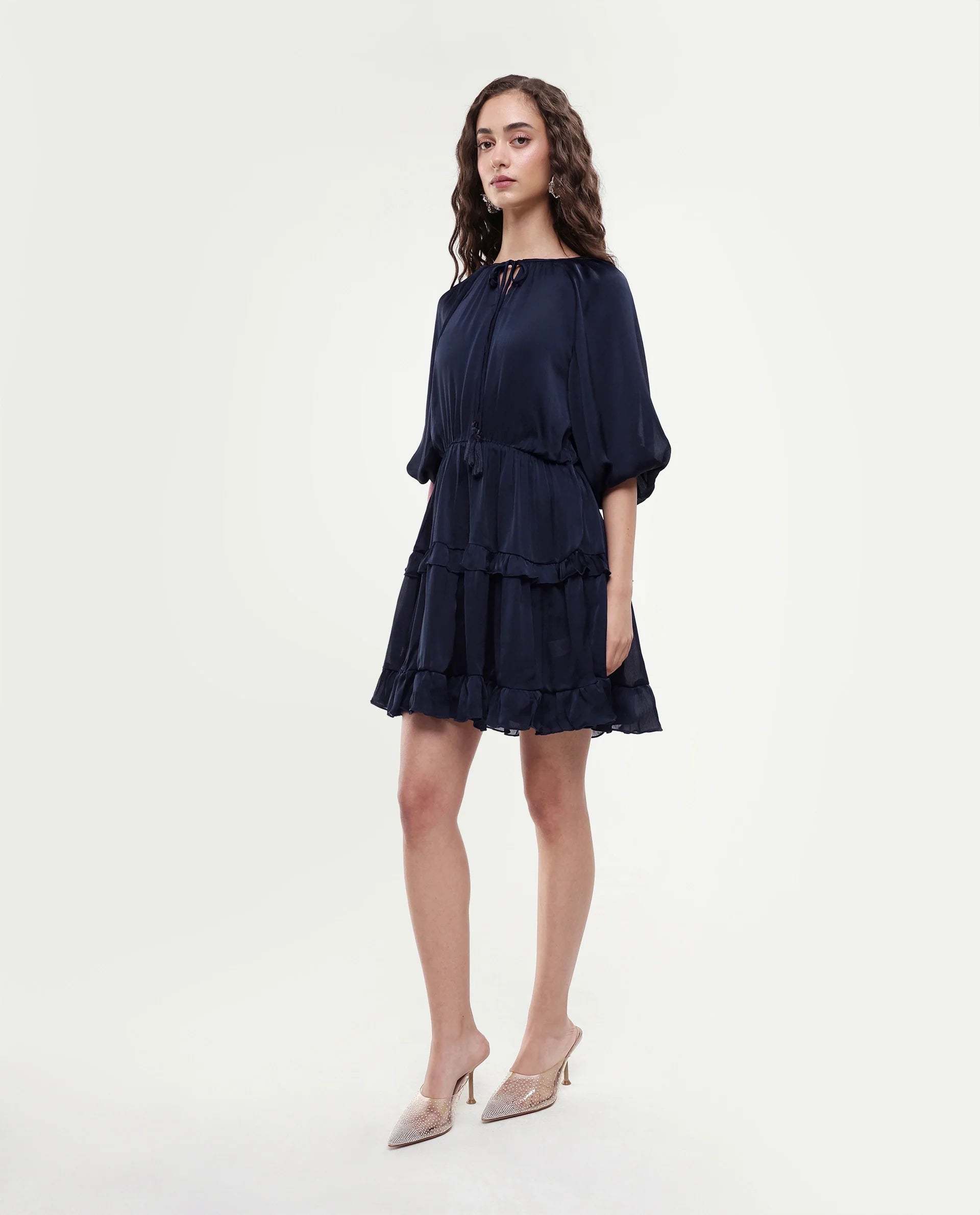 Rareism Women's Zekeje Blue Polyester Tie-Up Neck Plain Raglan Sleeve Mini Regular Fit Dress