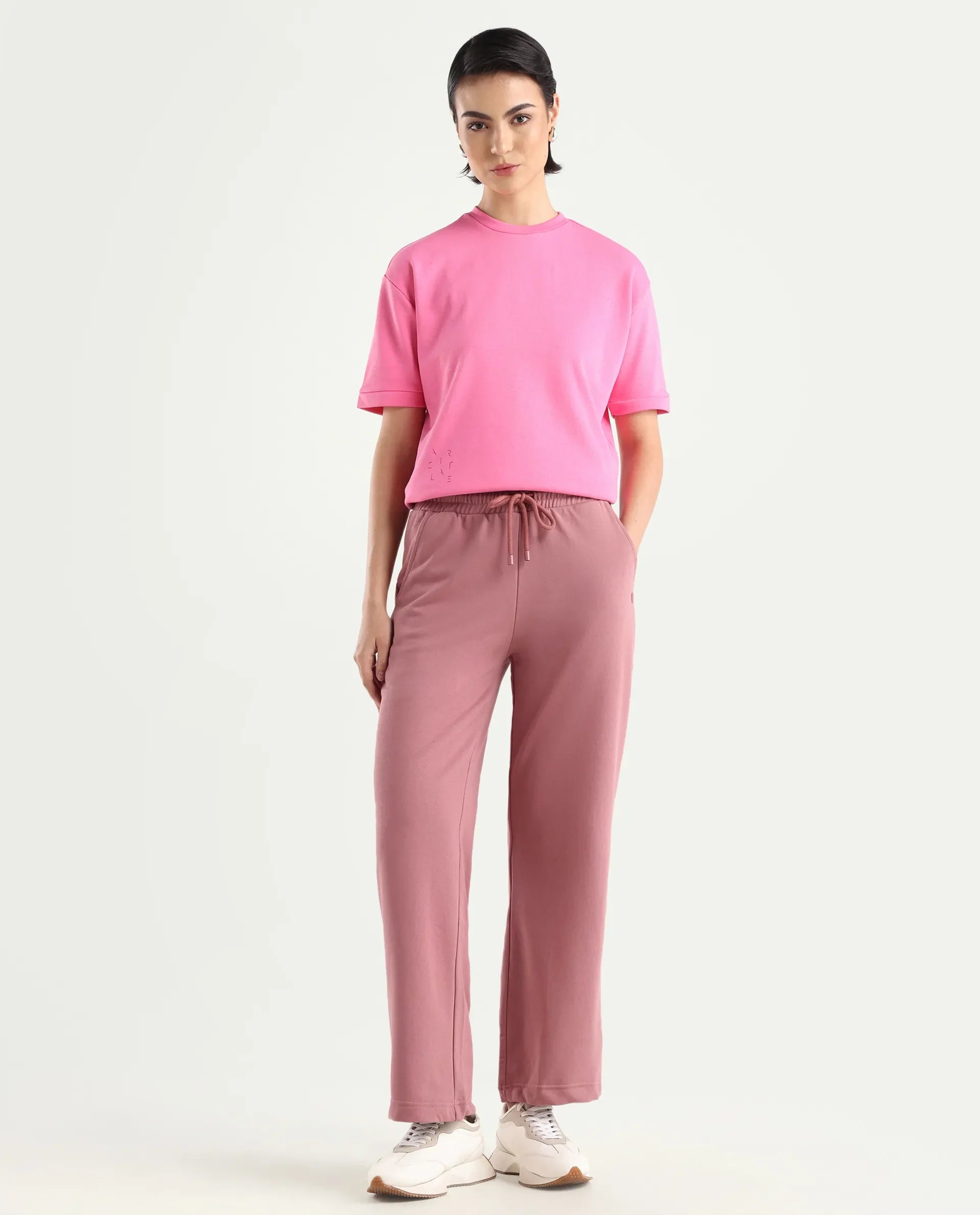 Rareism Women's Pazoo T Dusky Pink Cotton Blend Plain Ankle Length Flared Track Pant