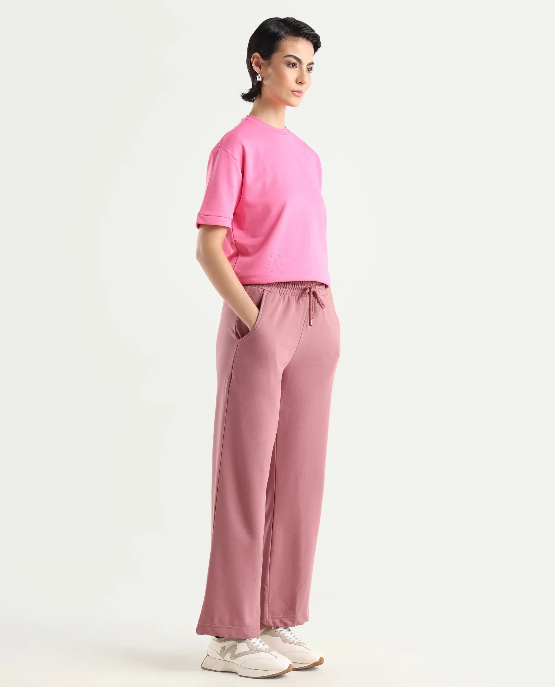 Rareism Women's Pazoo T Dusky Pink Cotton Blend Plain Ankle Length Flared Track Pant