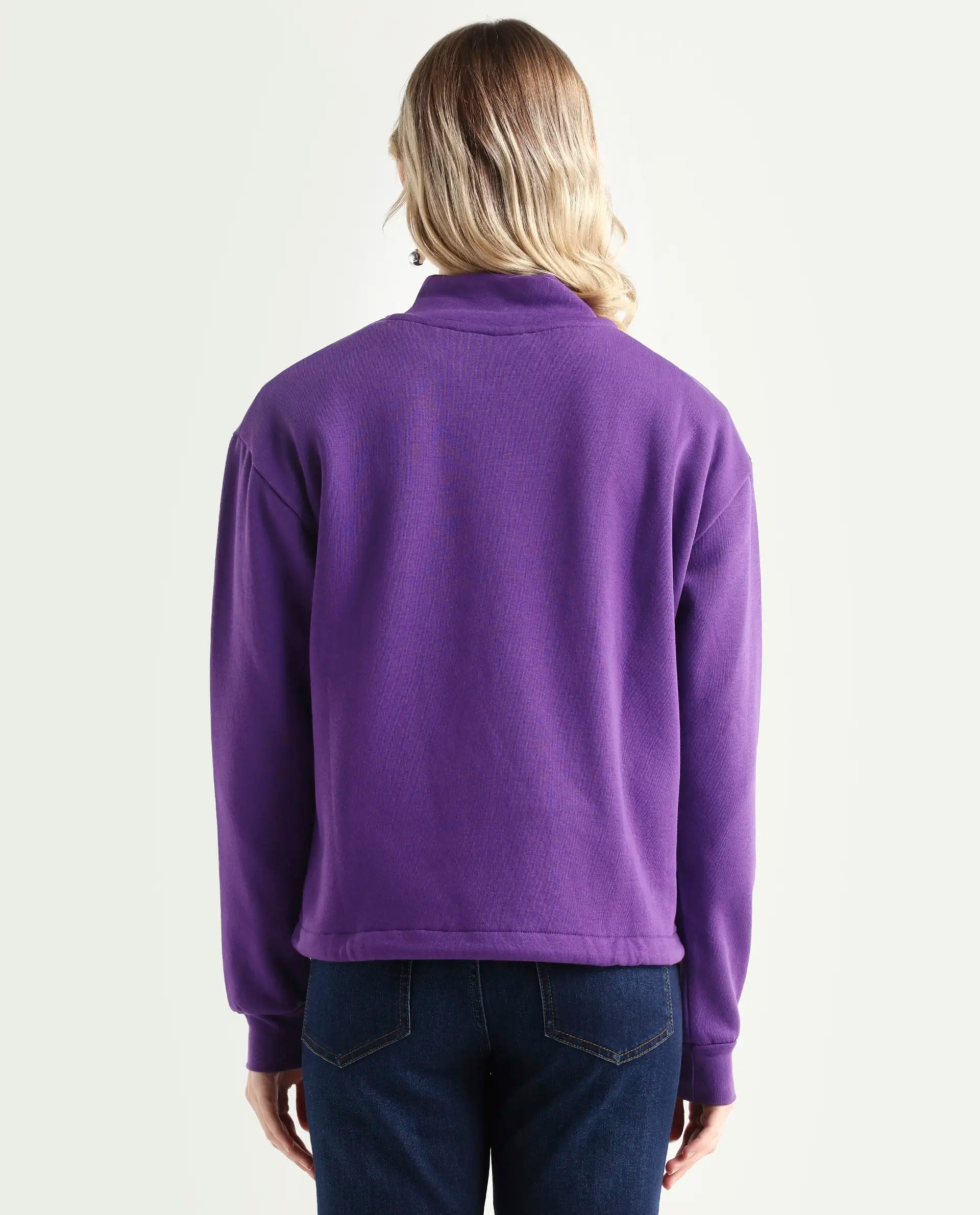 Rareism Women's Aldrichh Purple Polyester Blend High Neck Plain Regular Fit Sweatshirt