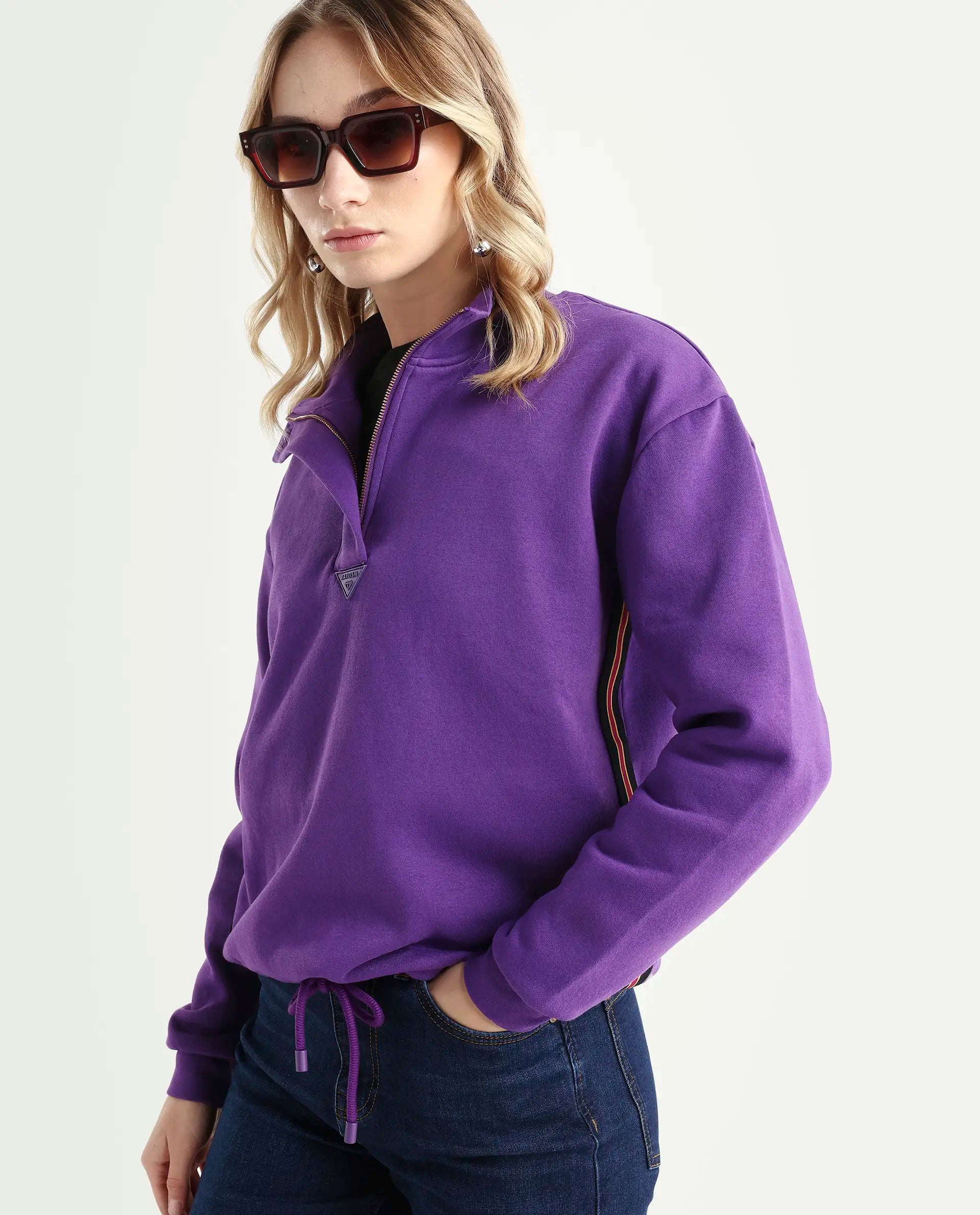 Rareism Women's Aldrichh Purple Polyester Blend High Neck Plain Regular Fit Sweatshirt