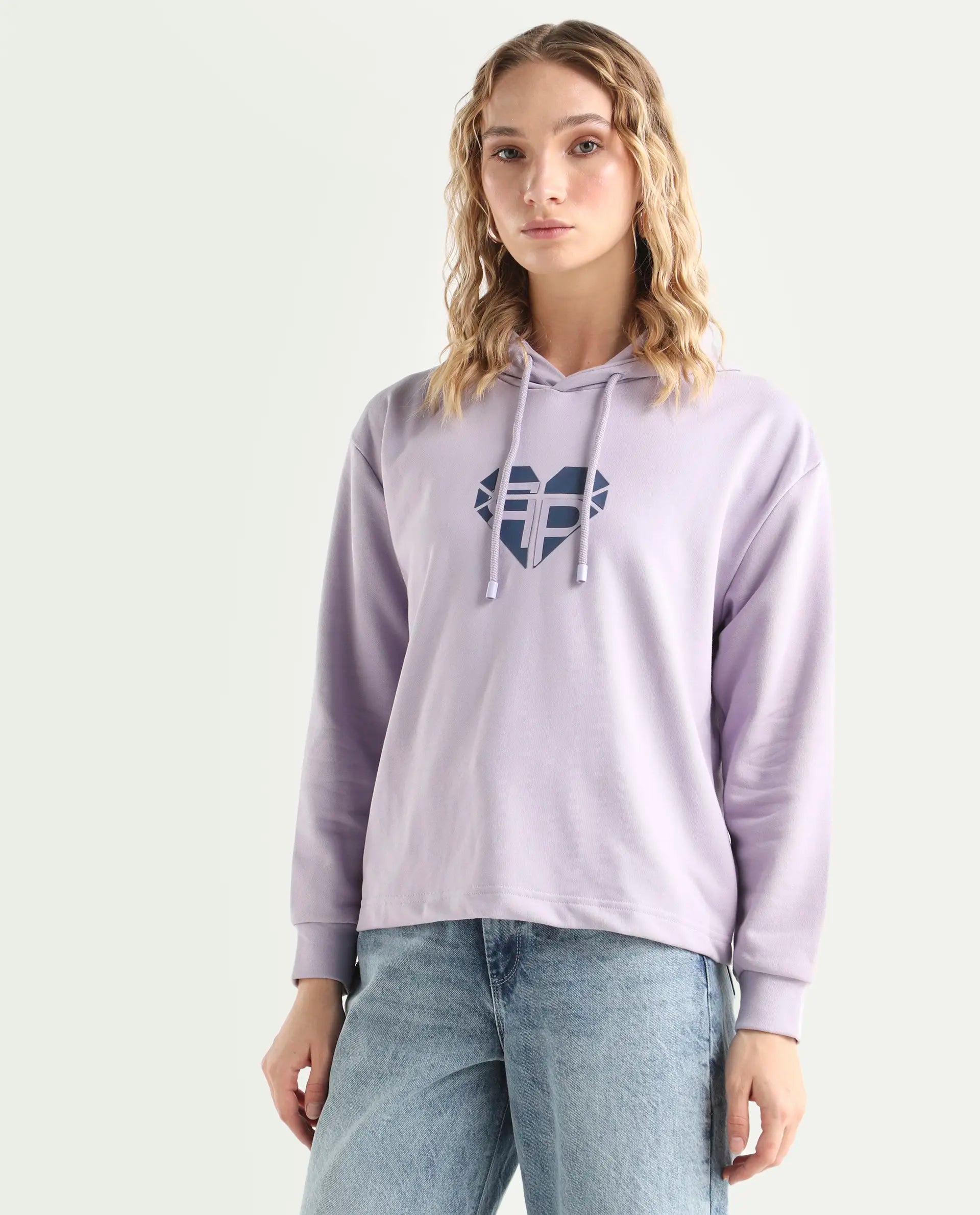 Rareism Women's Blacher Pastel Purple Polyester Blend Hooded Graphic Print Regular Fit Sweatshirt