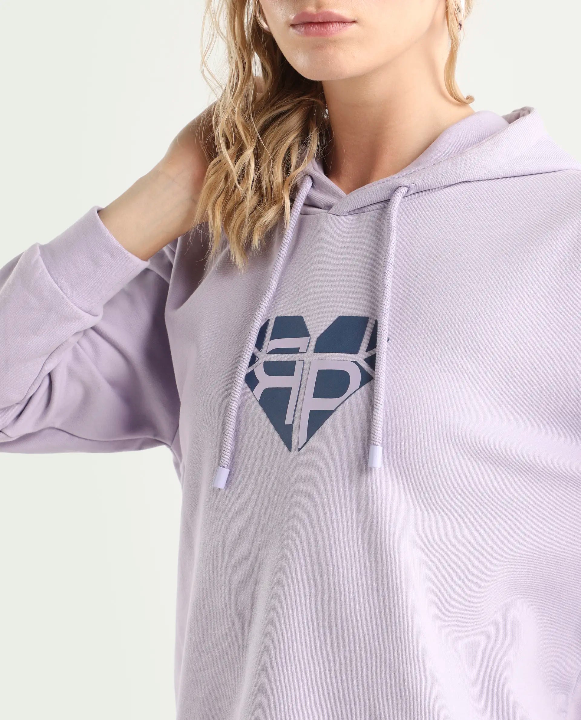 Rareism Women's Blacher Pastel Purple Polyester Blend Hooded Graphic Print Regular Fit Sweatshirt