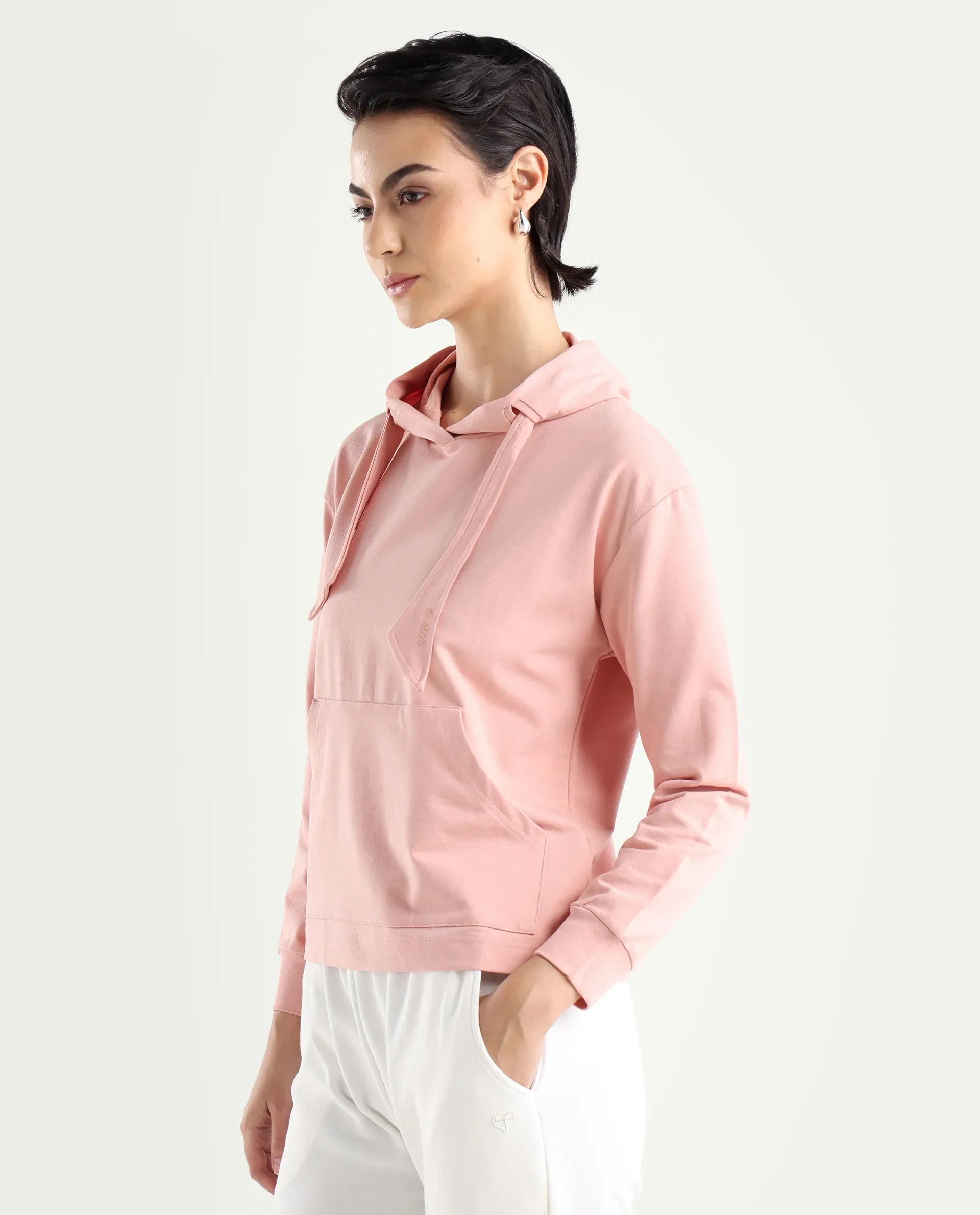 Rareism Women's Flynn Light Orange Cotton Blend Hooded Plain Regular Fit Sweatshirt