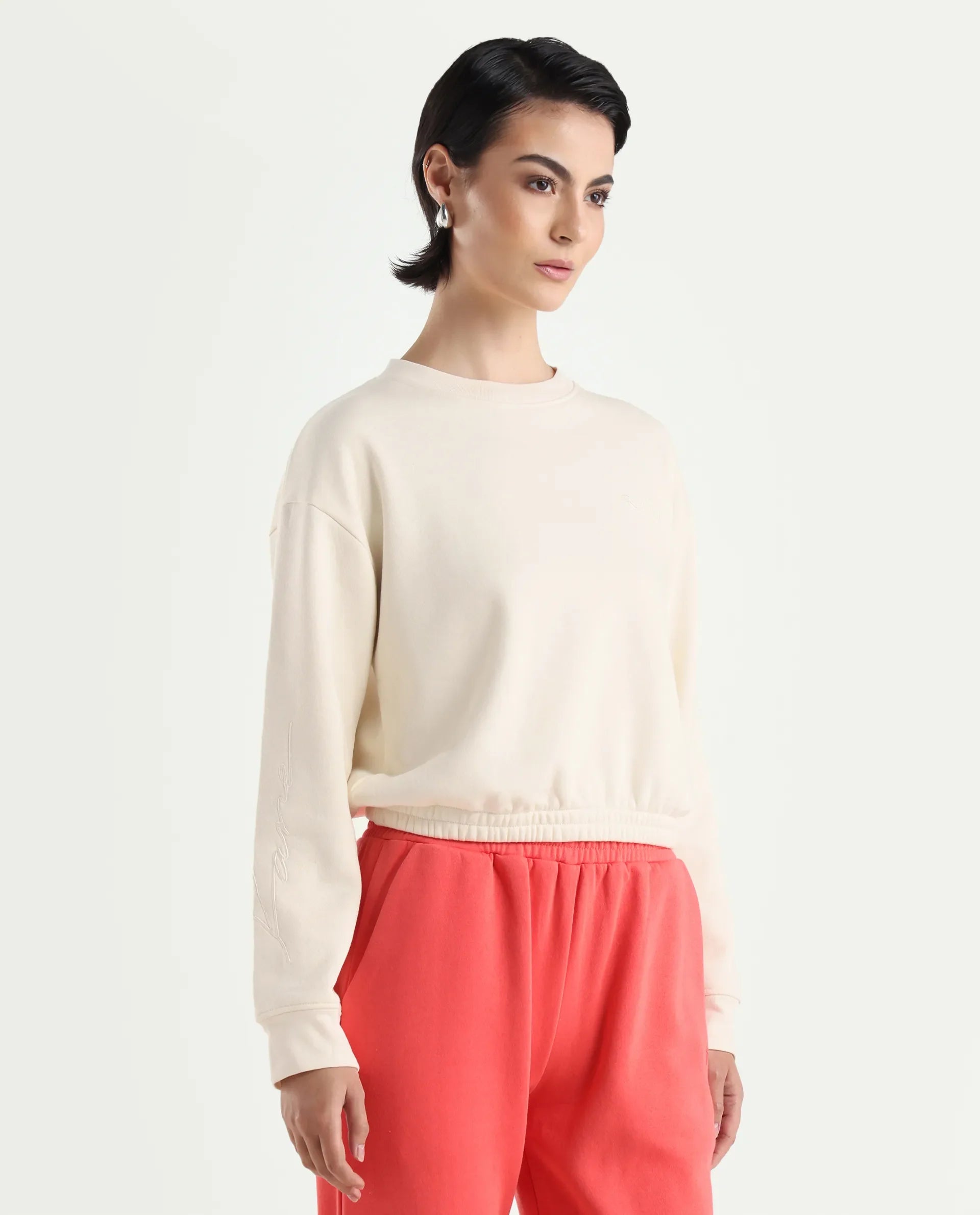 Rareism Women's Krok Beige Polyester Blend Crew Neck Embroidered Cuffed Sleeve Crop Regular Fit Sweatshirt