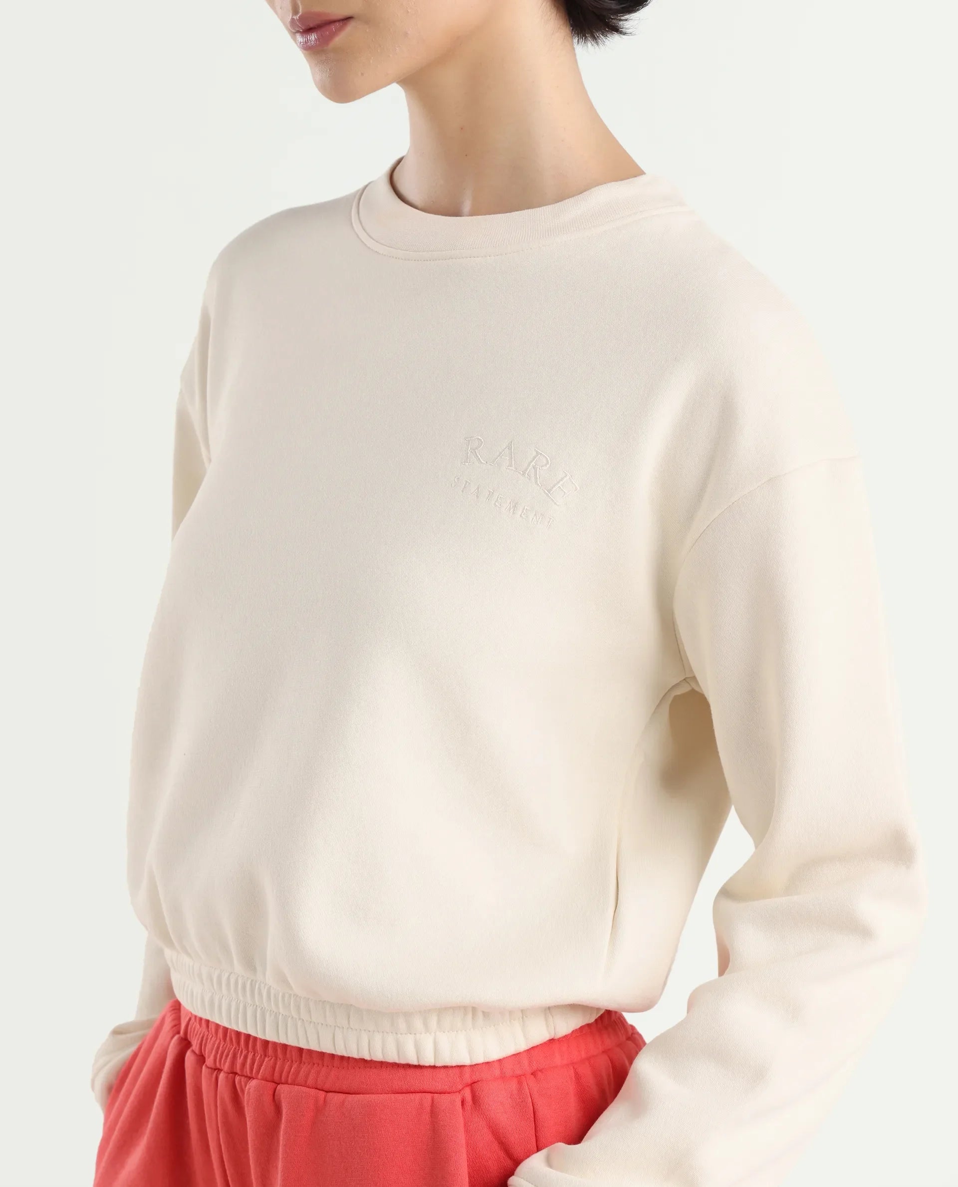 Rareism Women's Krok Beige Polyester Blend Crew Neck Embroidered Cuffed Sleeve Crop Regular Fit Sweatshirt