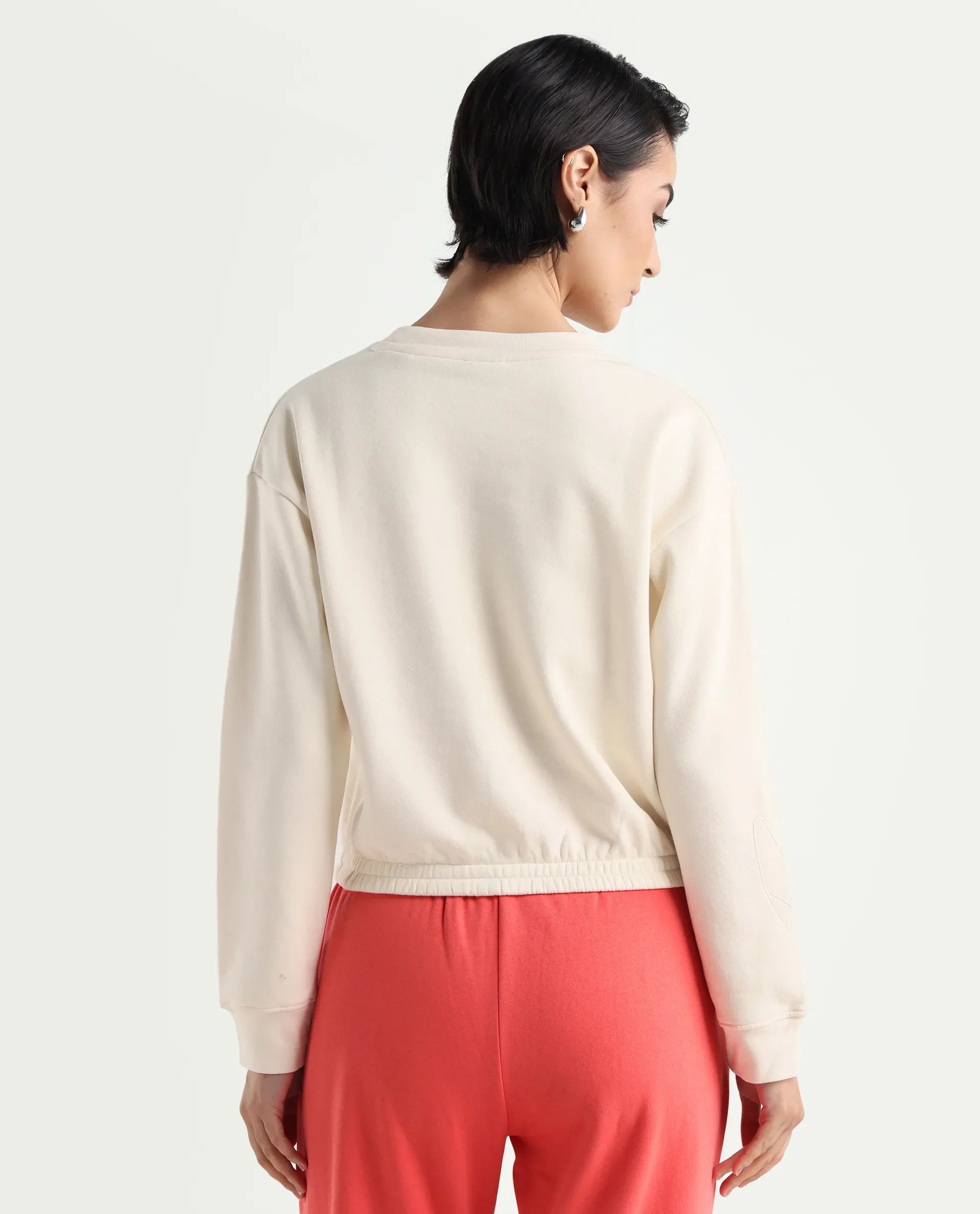 Rareism Women's Krok Beige Polyester Blend Crew Neck Embroidered Cuffed Sleeve Crop Regular Fit Sweatshirt