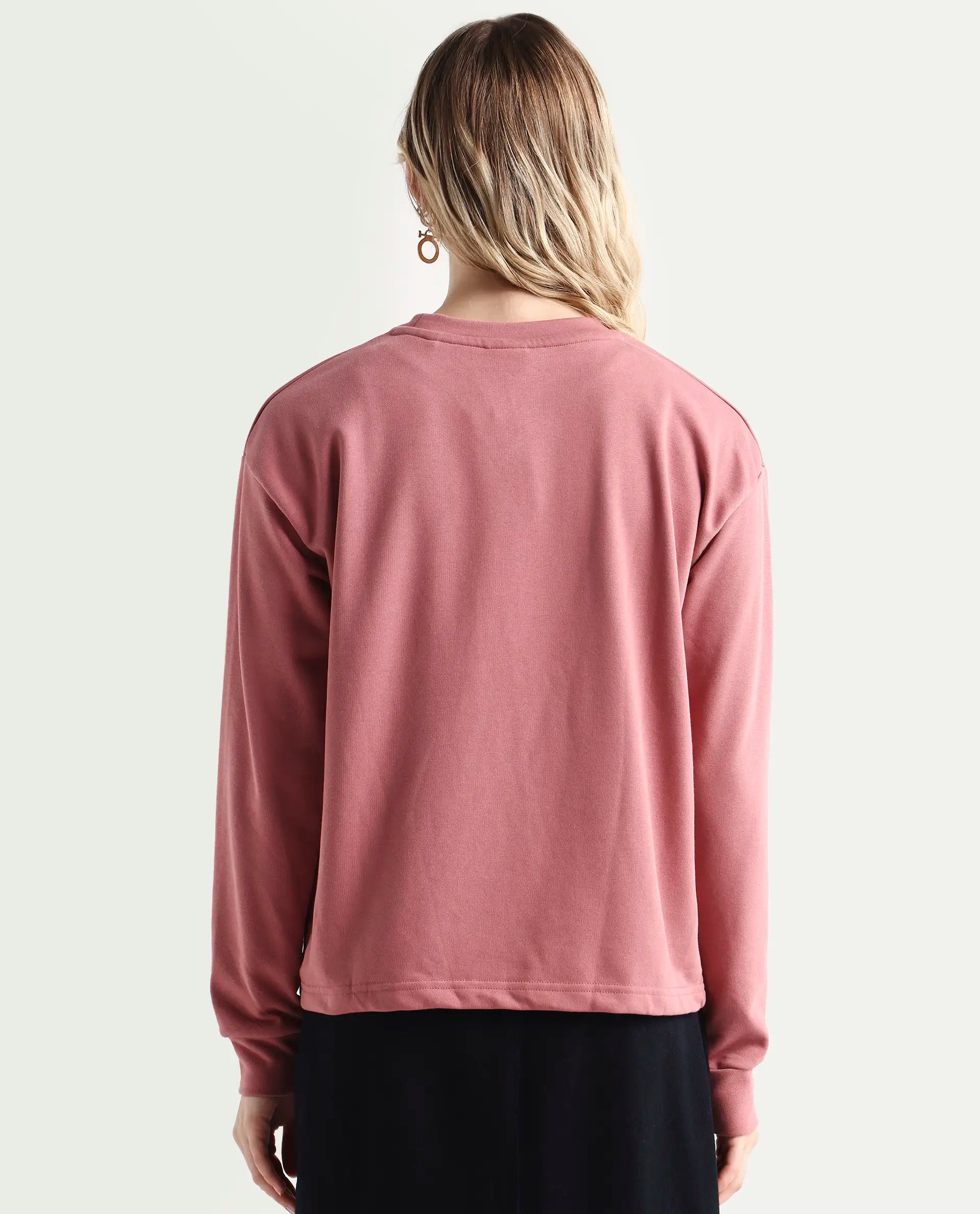 Rareism Women's Morin Dusky Pink Polyester Blend Crew Neck Graphic Print Cuffed Sleeve Regular Fit Sweatshirt