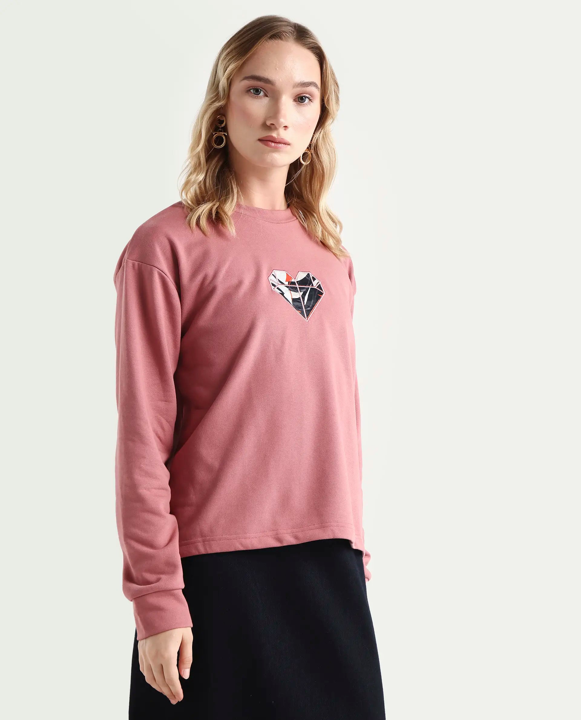 Rareism Women's Morin Dusky Pink Polyester Blend Crew Neck Graphic Print Cuffed Sleeve Regular Fit Sweatshirt