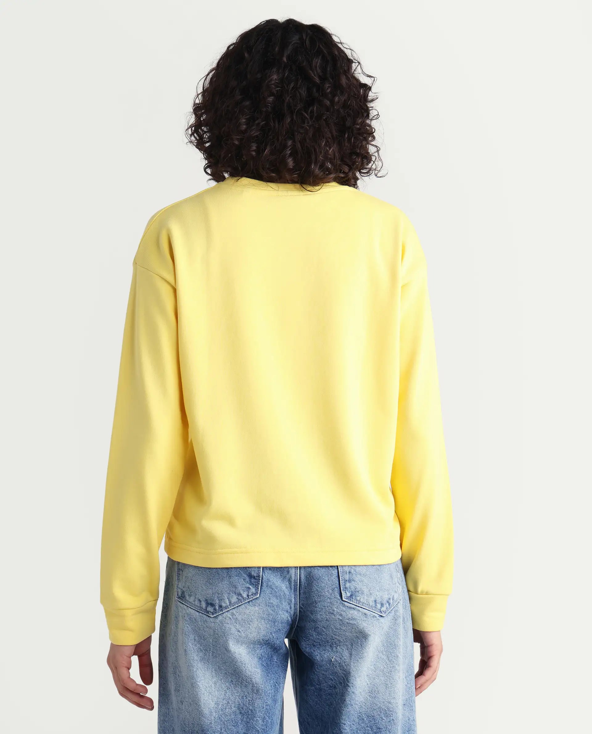 Rareism Women's Morin Yellow Polyester Blend Crew Neck Graphic Print Cuffed Sleeve Regular Fit Sweatshirt
