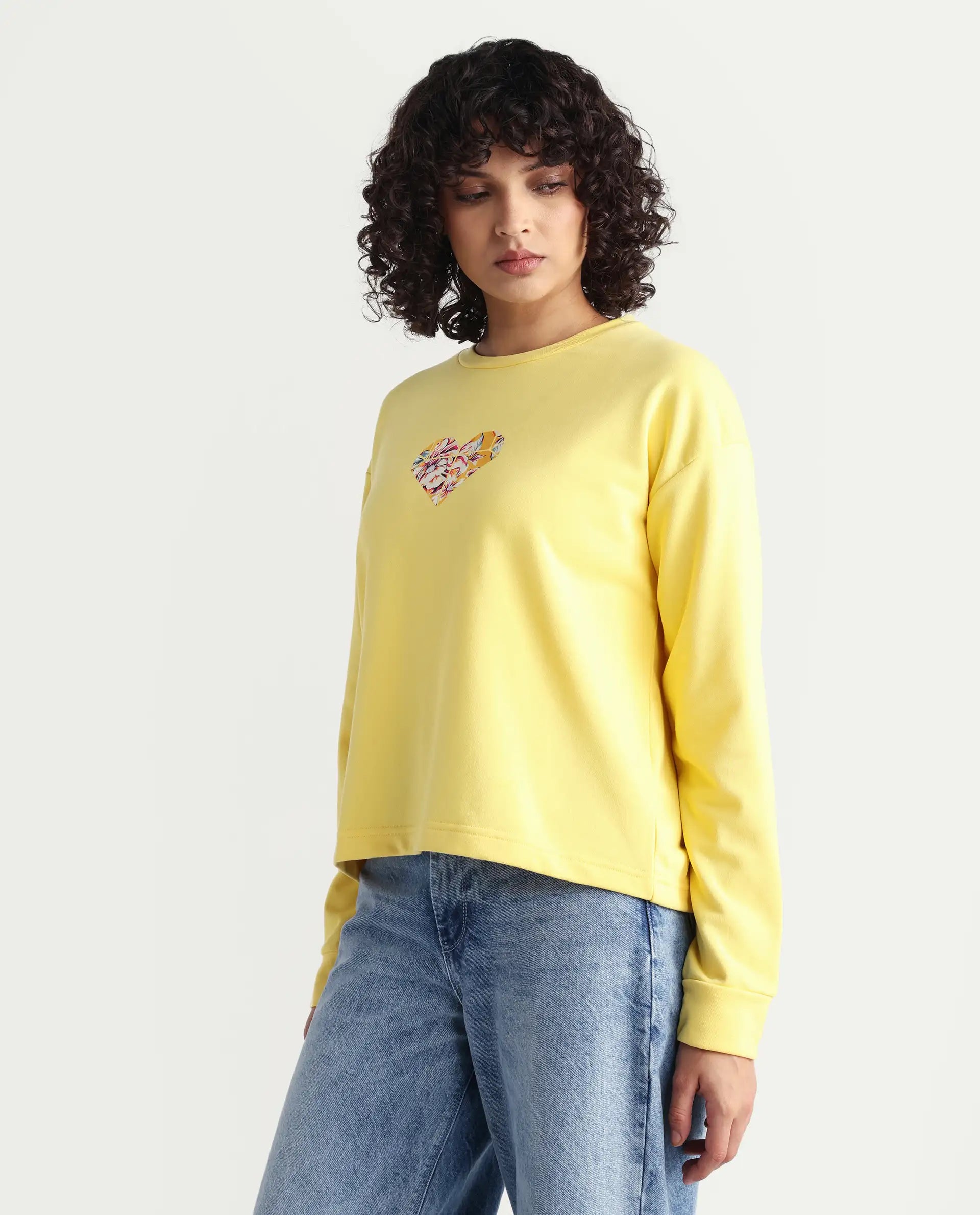 Rareism Women's Morin Yellow Polyester Blend Crew Neck Graphic Print Cuffed Sleeve Regular Fit Sweatshirt