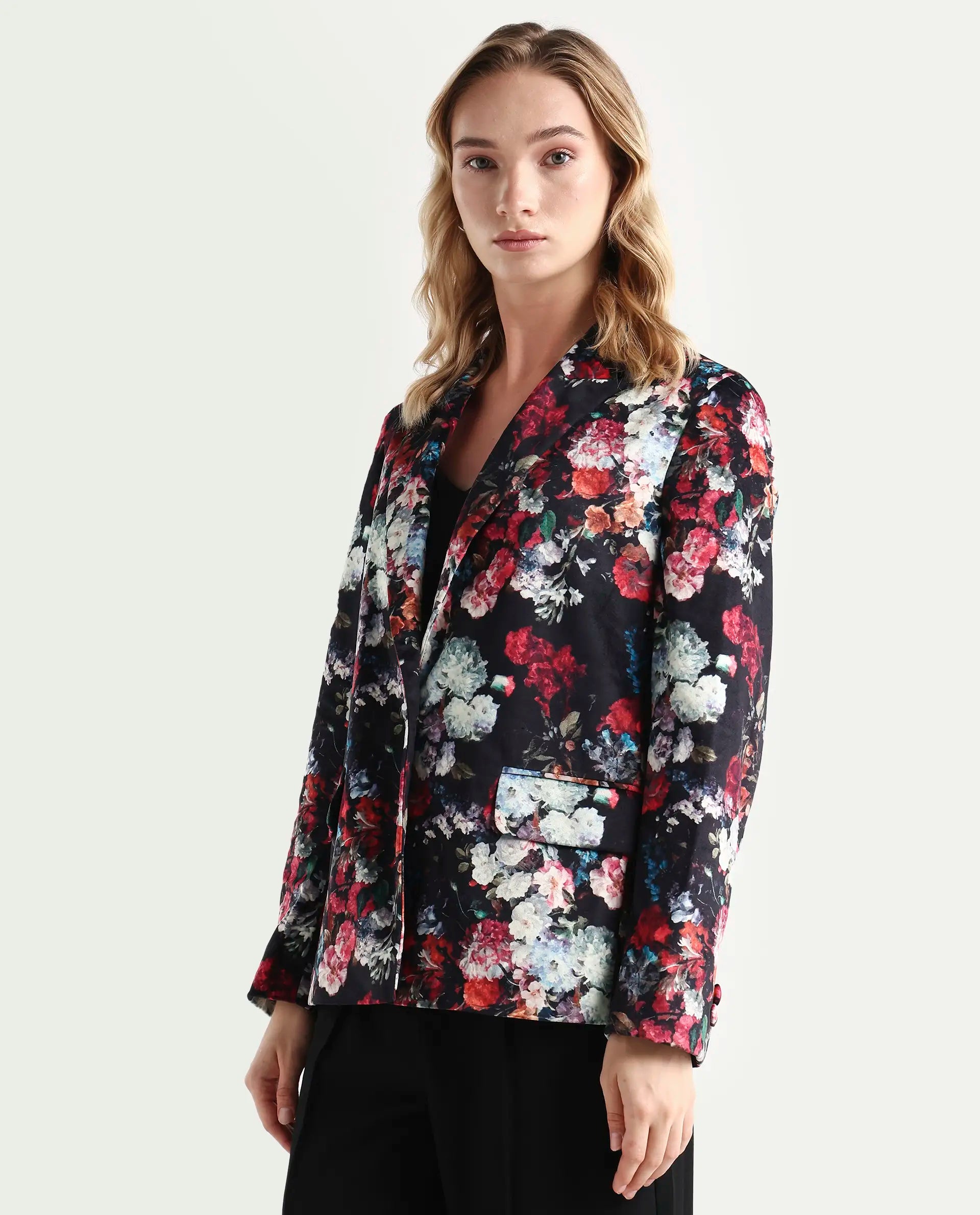 Rareism Women's Bellob Black Velvet Lapel Neck Floral Print Tailored Blazer