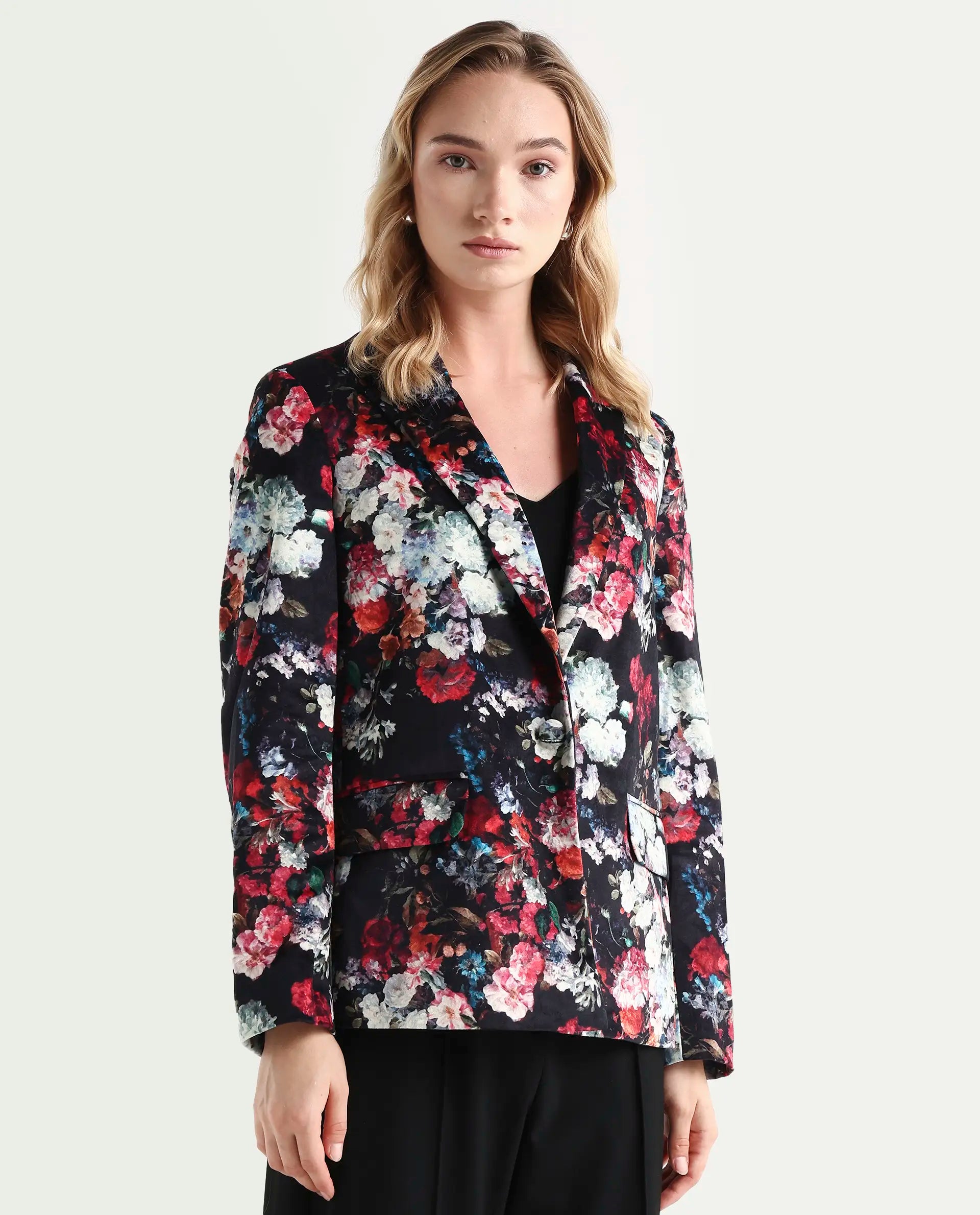 Rareism Women's Bellob Black Velvet Lapel Neck Floral Print Tailored Blazer