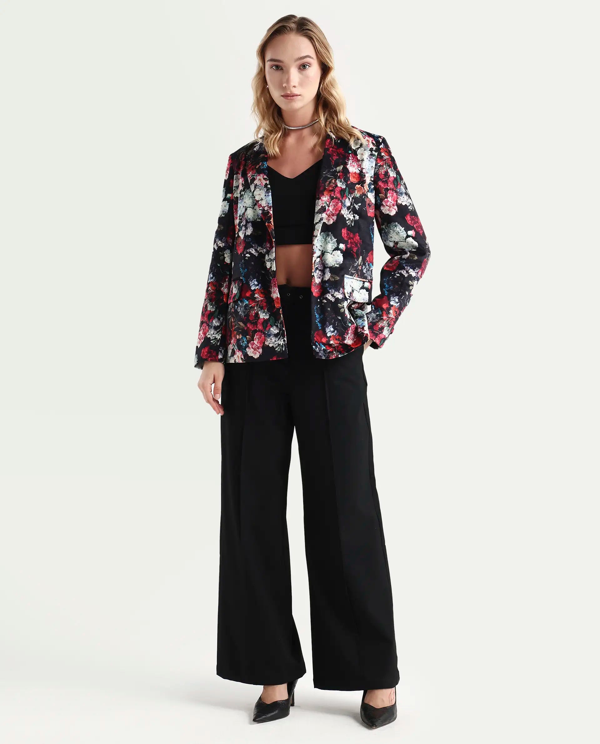 Rareism Women's Bellob Black Velvet Lapel Neck Floral Print Tailored Blazer