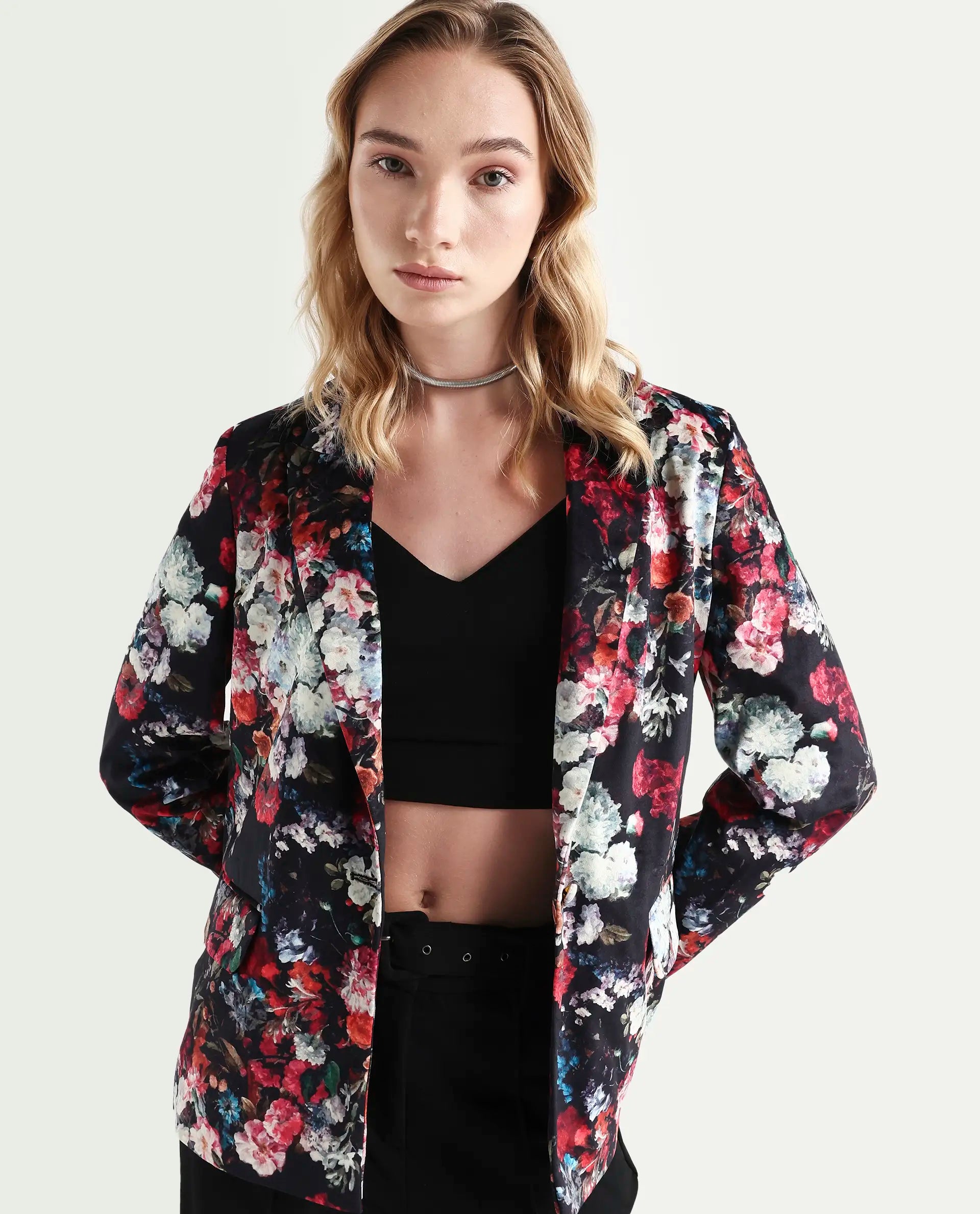 Rareism Women's Bellob Black Velvet Lapel Neck Floral Print Tailored Blazer