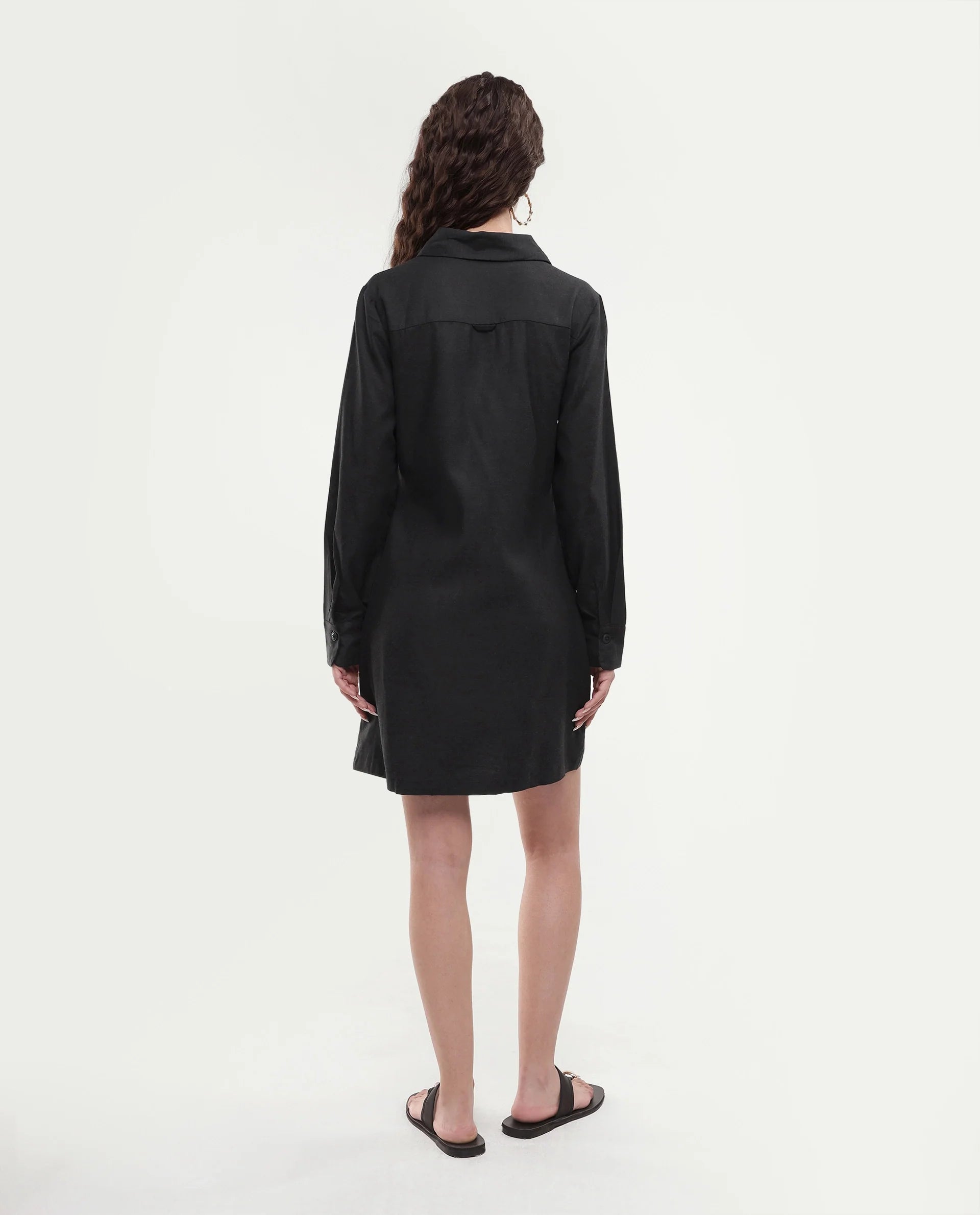 Rareism Women's Pricot Black Polyester Spread Collar Plain Cuffed Sleeve Mini Regular Fit Dress
