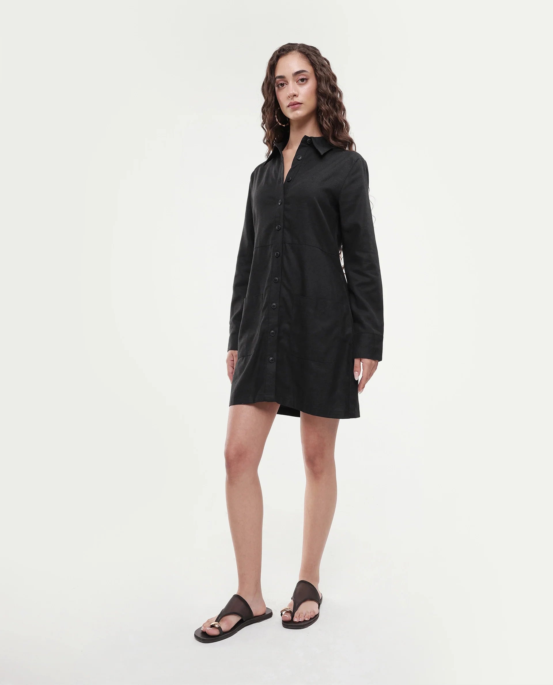 Rareism Women's Pricot Black Polyester Spread Collar Plain Cuffed Sleeve Mini Regular Fit Dress