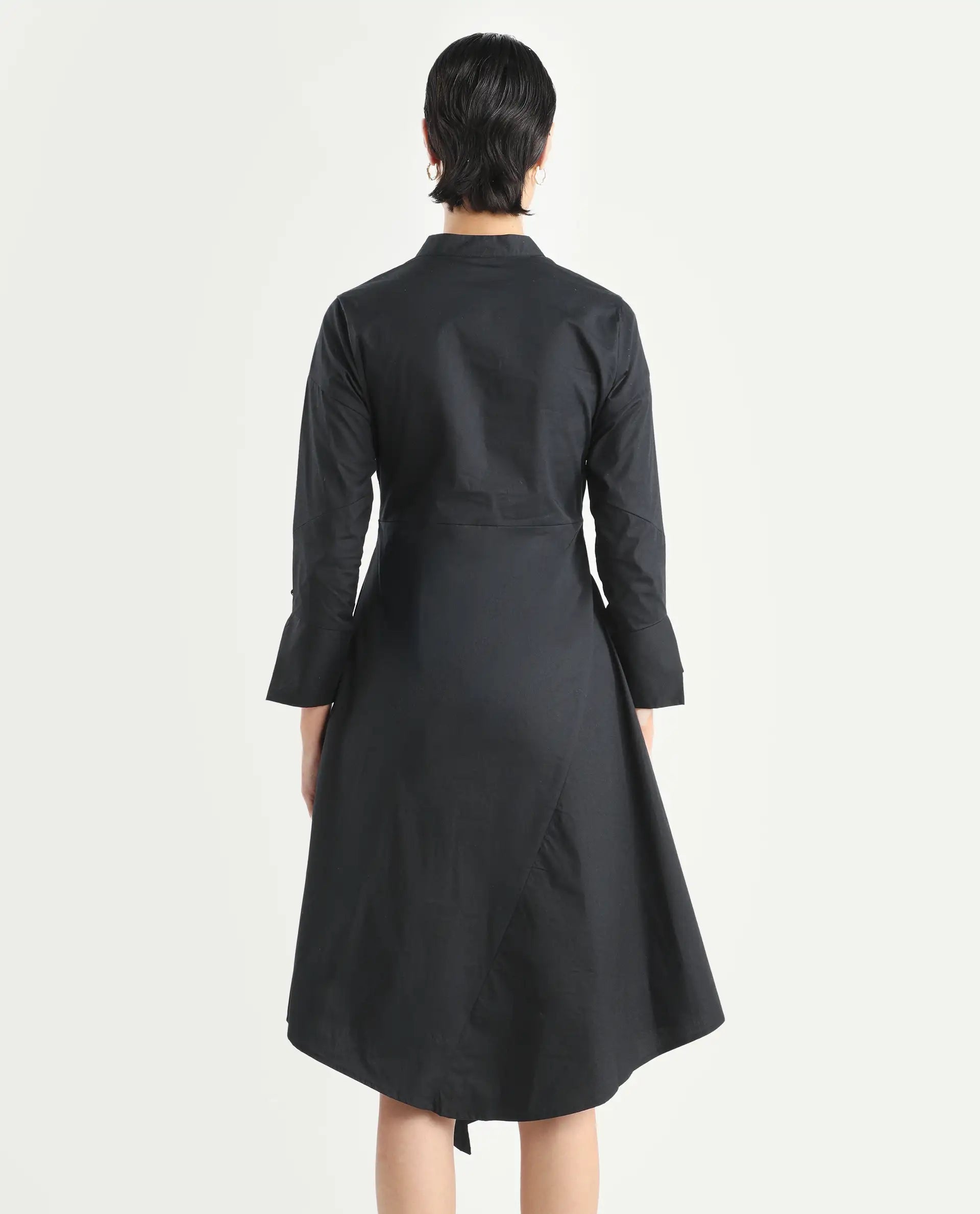 Rareism Women's Beetal Black Polyester Blend Mandarin Collar Plain Cuffed Sleeve Midi Regular Fit Dress