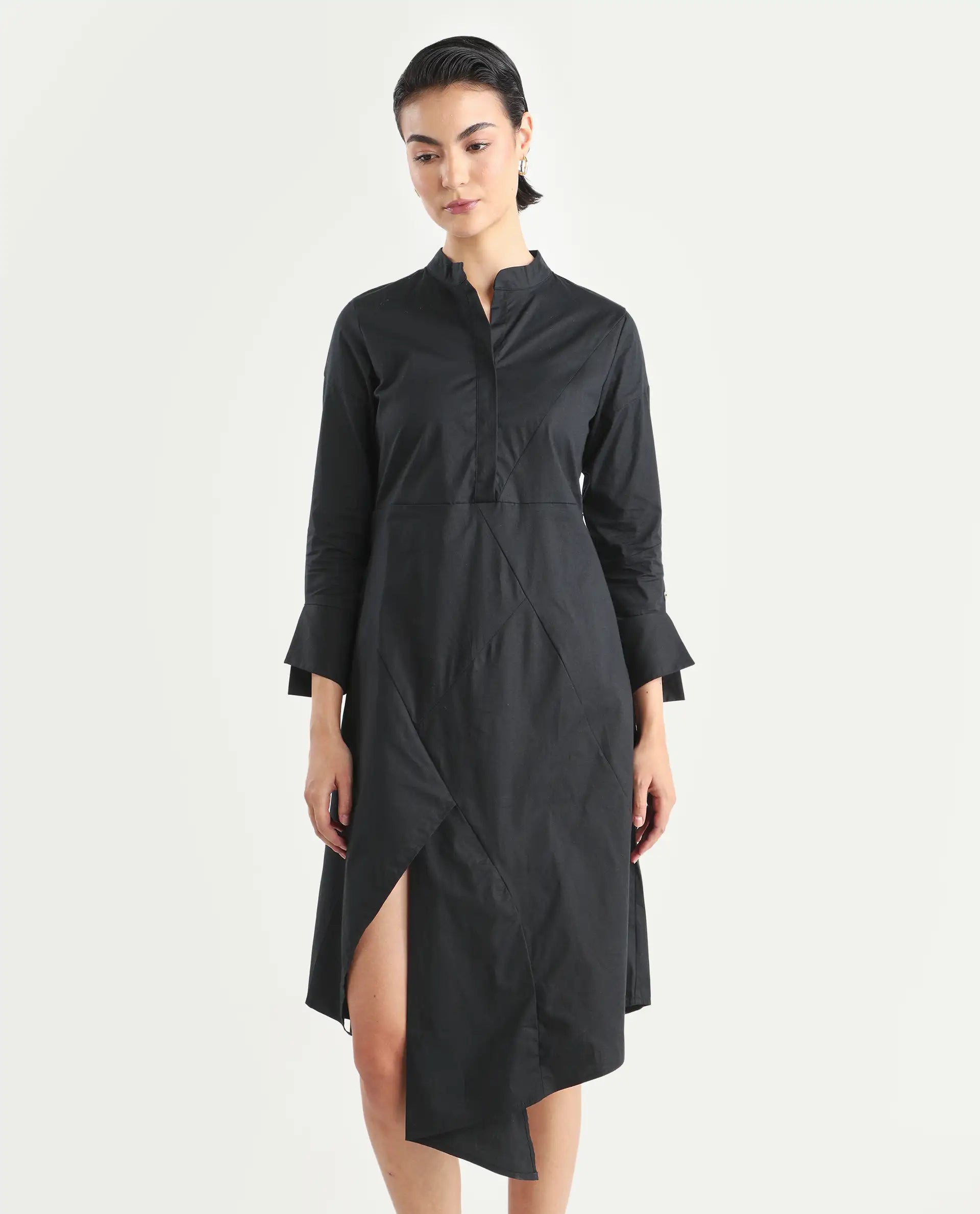 Rareism Women's Beetal Black Polyester Blend Mandarin Collar Plain Cuffed Sleeve Midi Regular Fit Dress