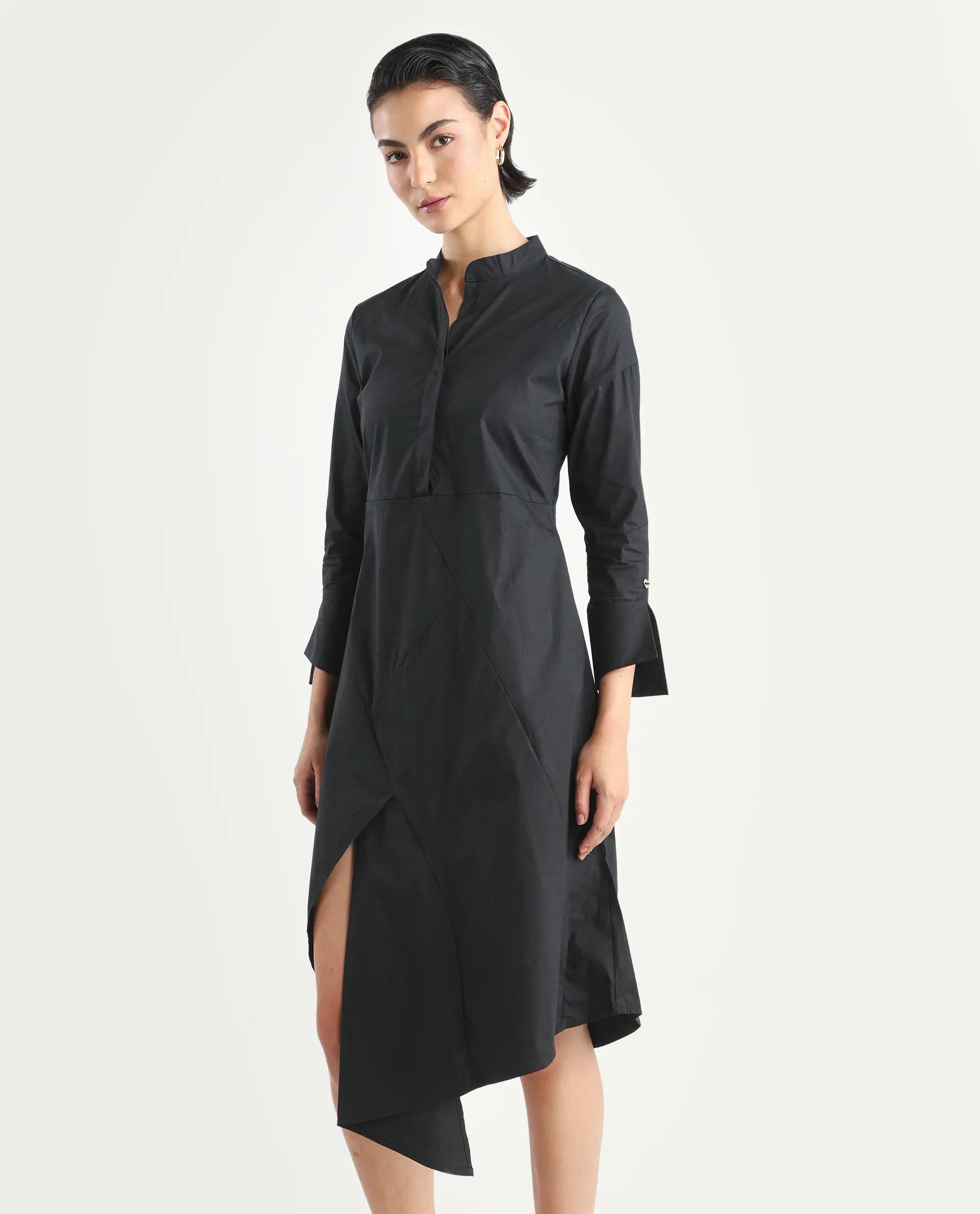 Rareism Women's Beetal Black Polyester Blend Mandarin Collar Plain Cuffed Sleeve Midi Regular Fit Dress