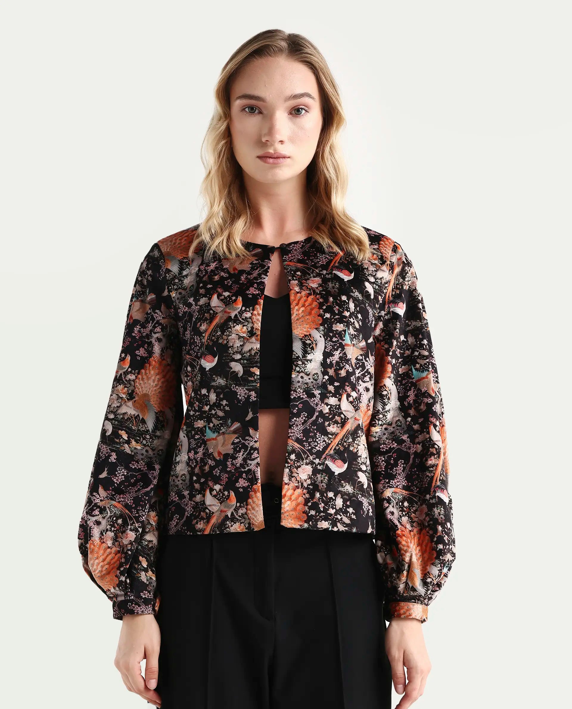 Rareism Women's Zamp Black Velvet Collarless Floral Print Volume Sleeve Regular Fit Shrug