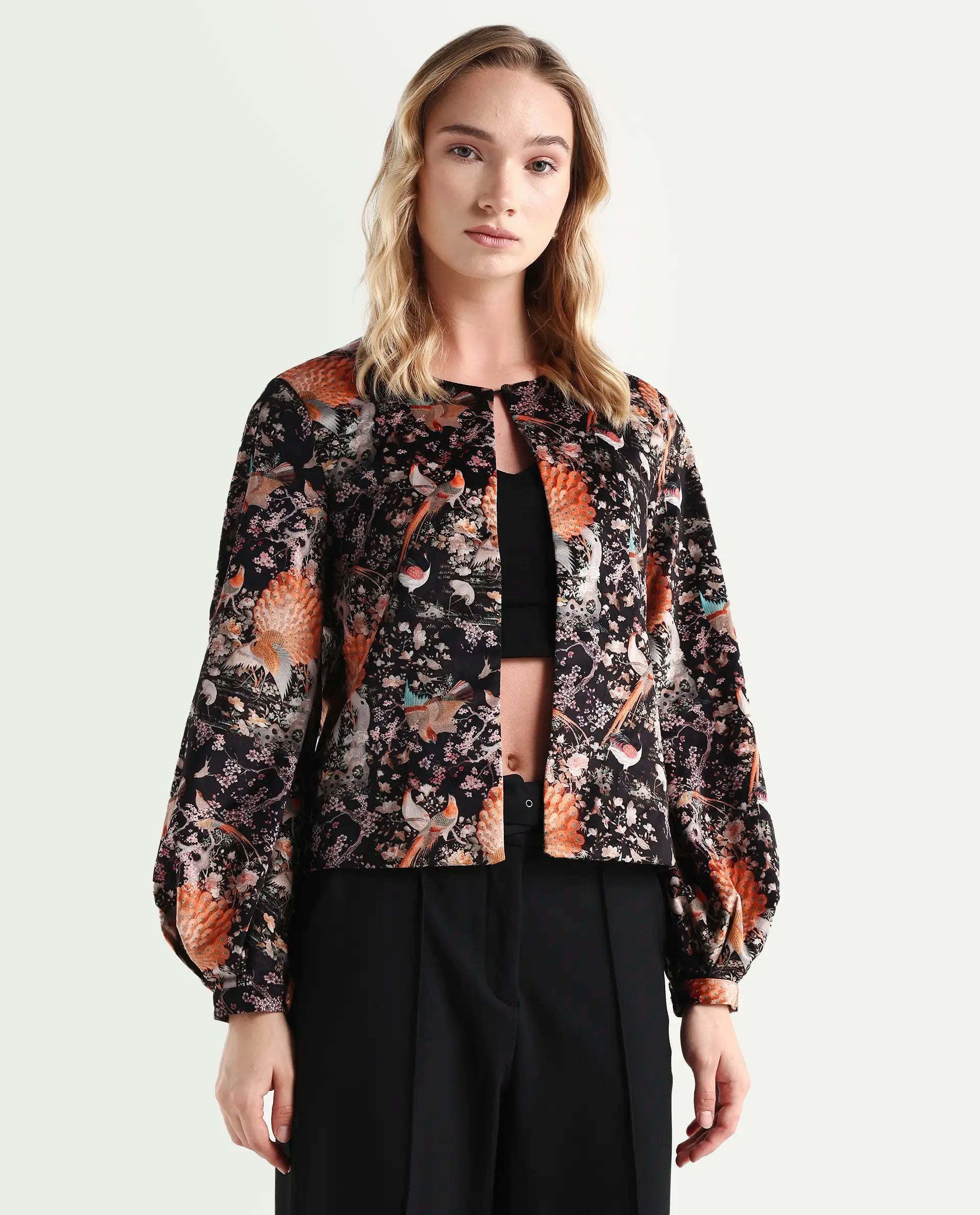 Rareism Women's Zamp Black Velvet Collarless Floral Print Volume Sleeve Regular Fit Shrug
