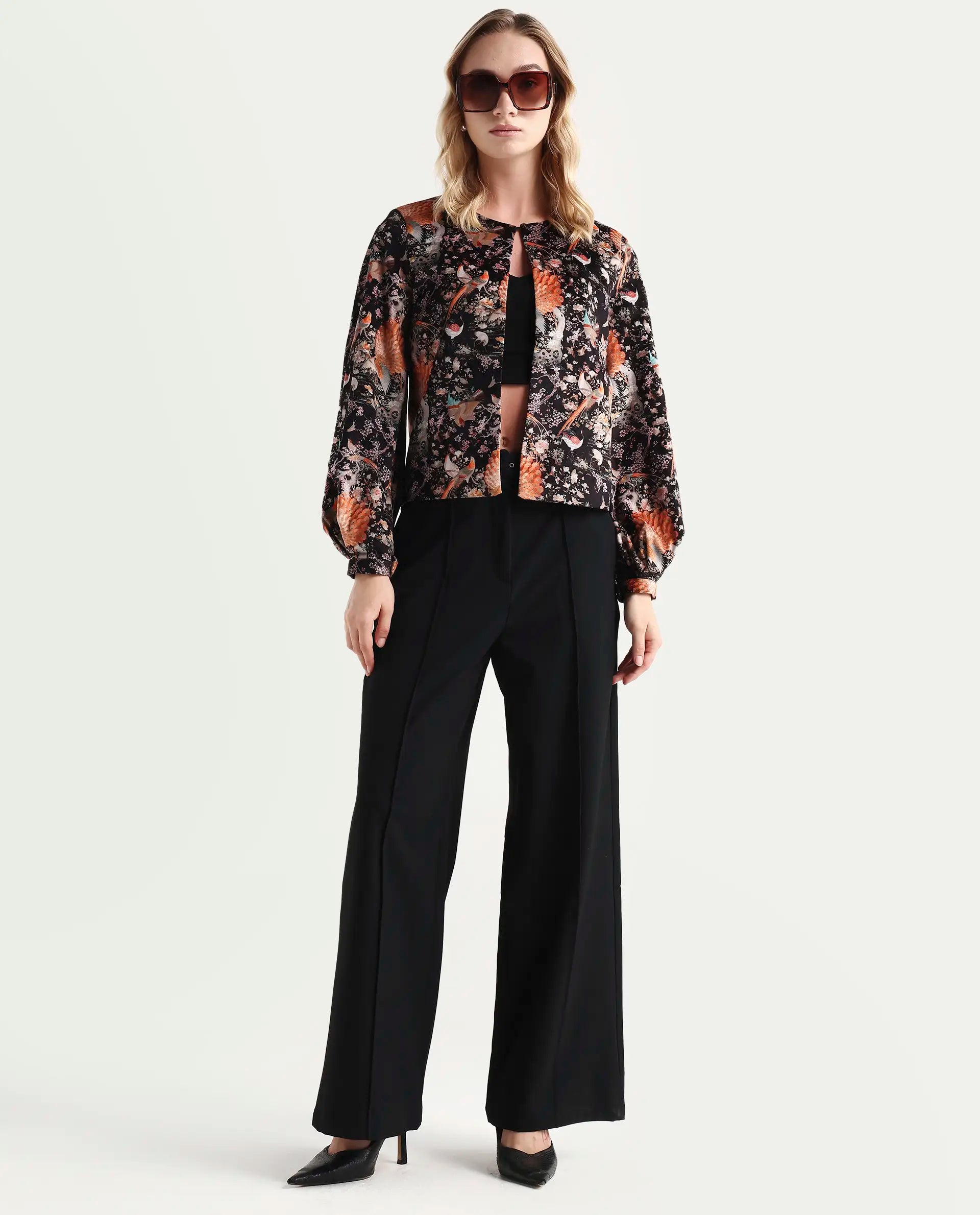 Rareism Women's Zamp Black Velvet Collarless Floral Print Volume Sleeve Regular Fit Shrug