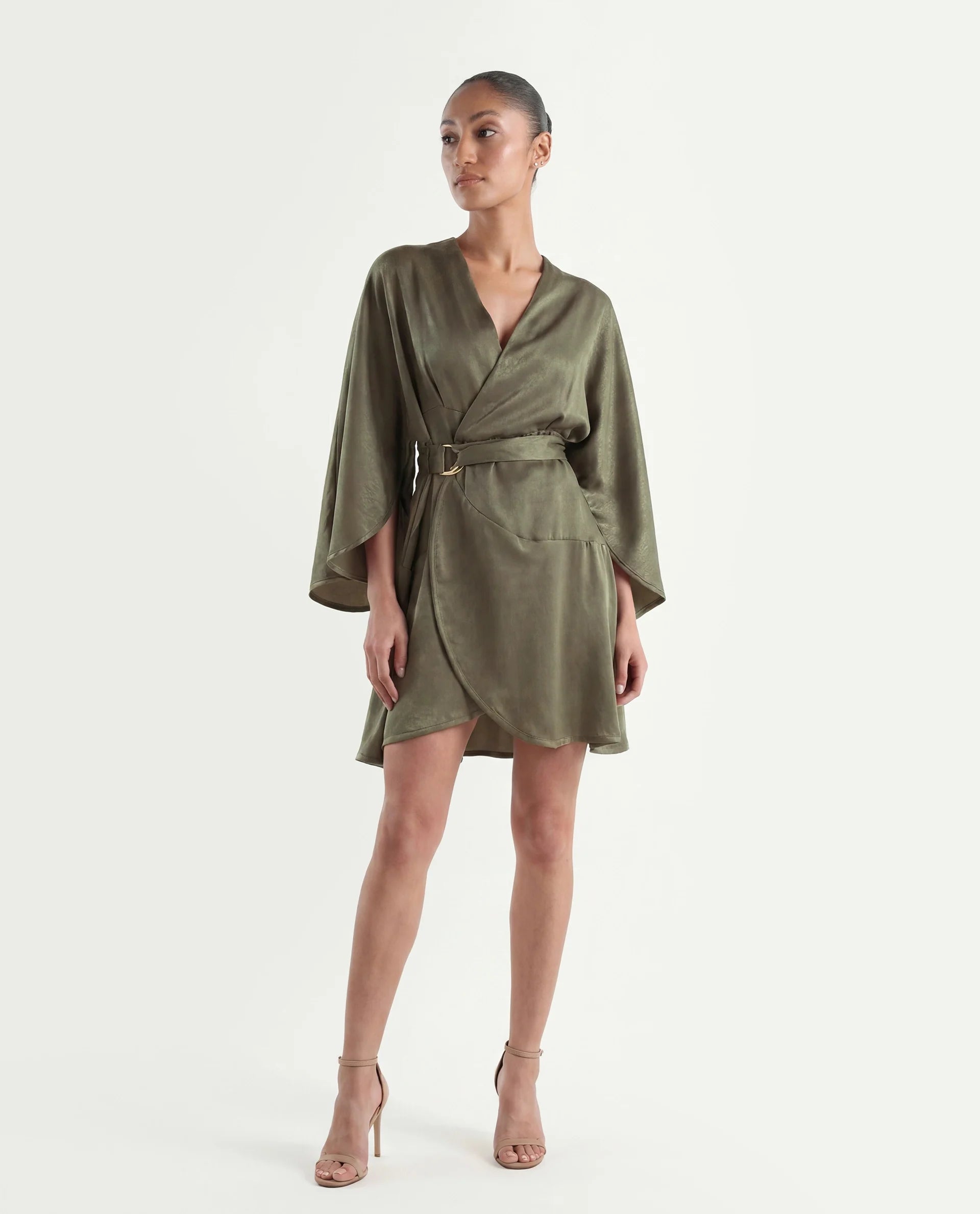 Rareism Women's Alapeno Dark Olive Polyester Overlap Neck Plain Bell Sleeve Mini Fit And Flare Dress
