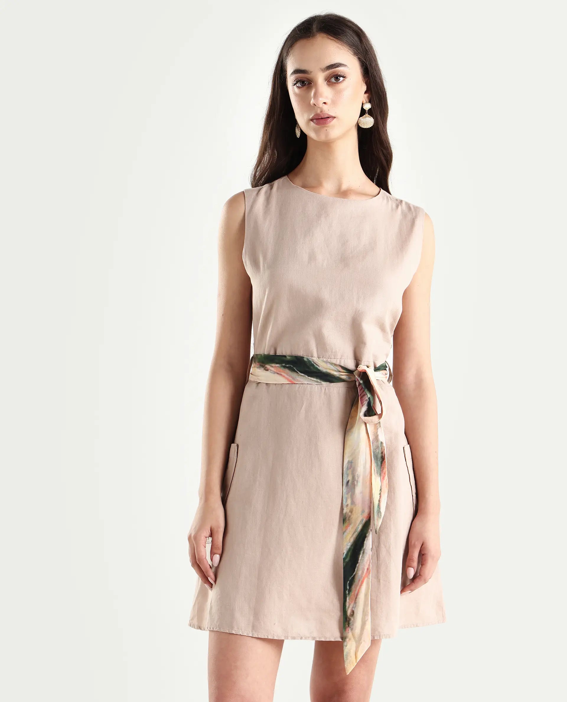 Rareism Women's Felix Light Beige Linen Blend Crew Neck Plain Sleeveless Mini A-Line Dress