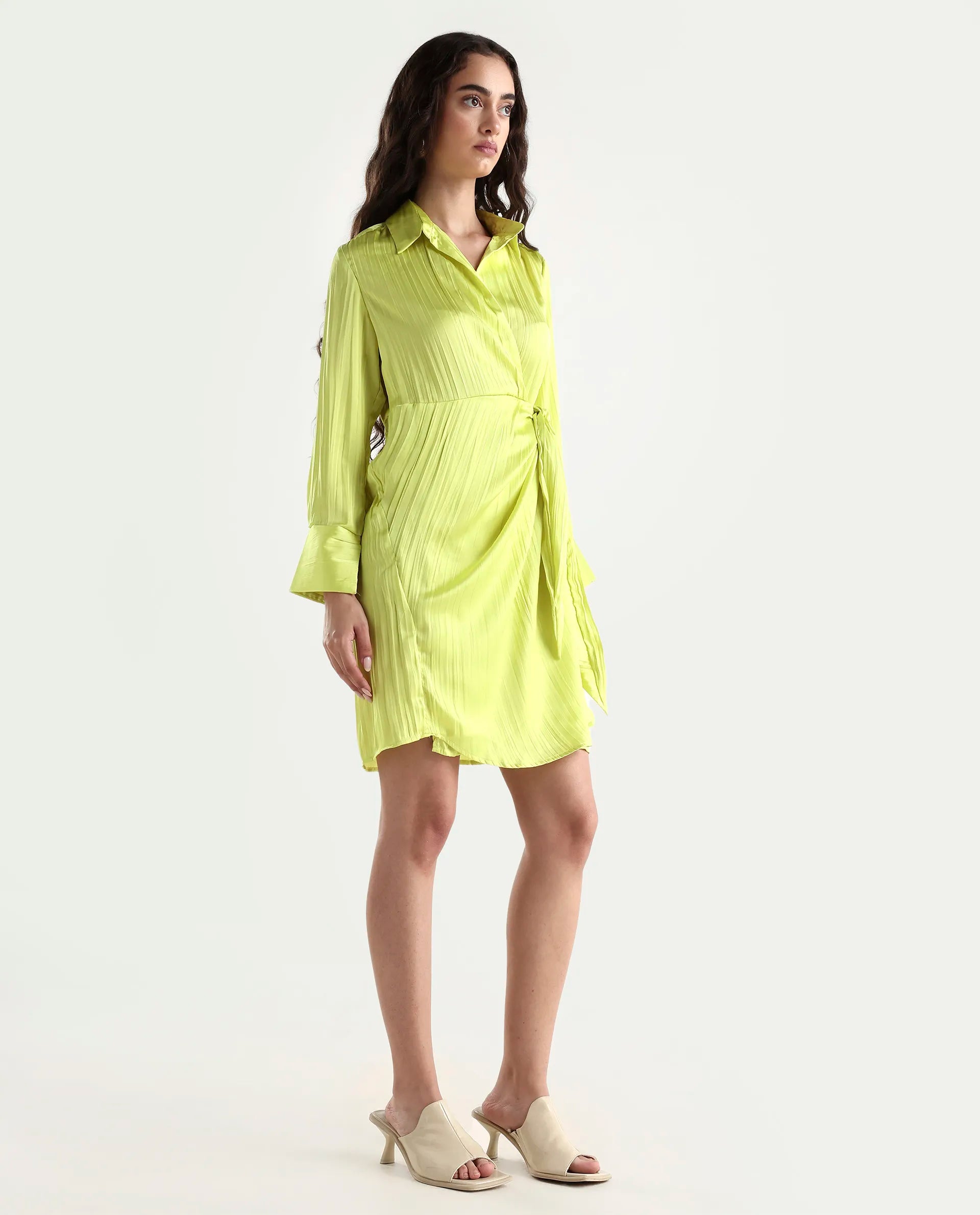 Rareism Women's Ladimir Flouroscent Green Polyester Blend Spread Collar Plain Cuffed Sleeve Mini Wrap Dress