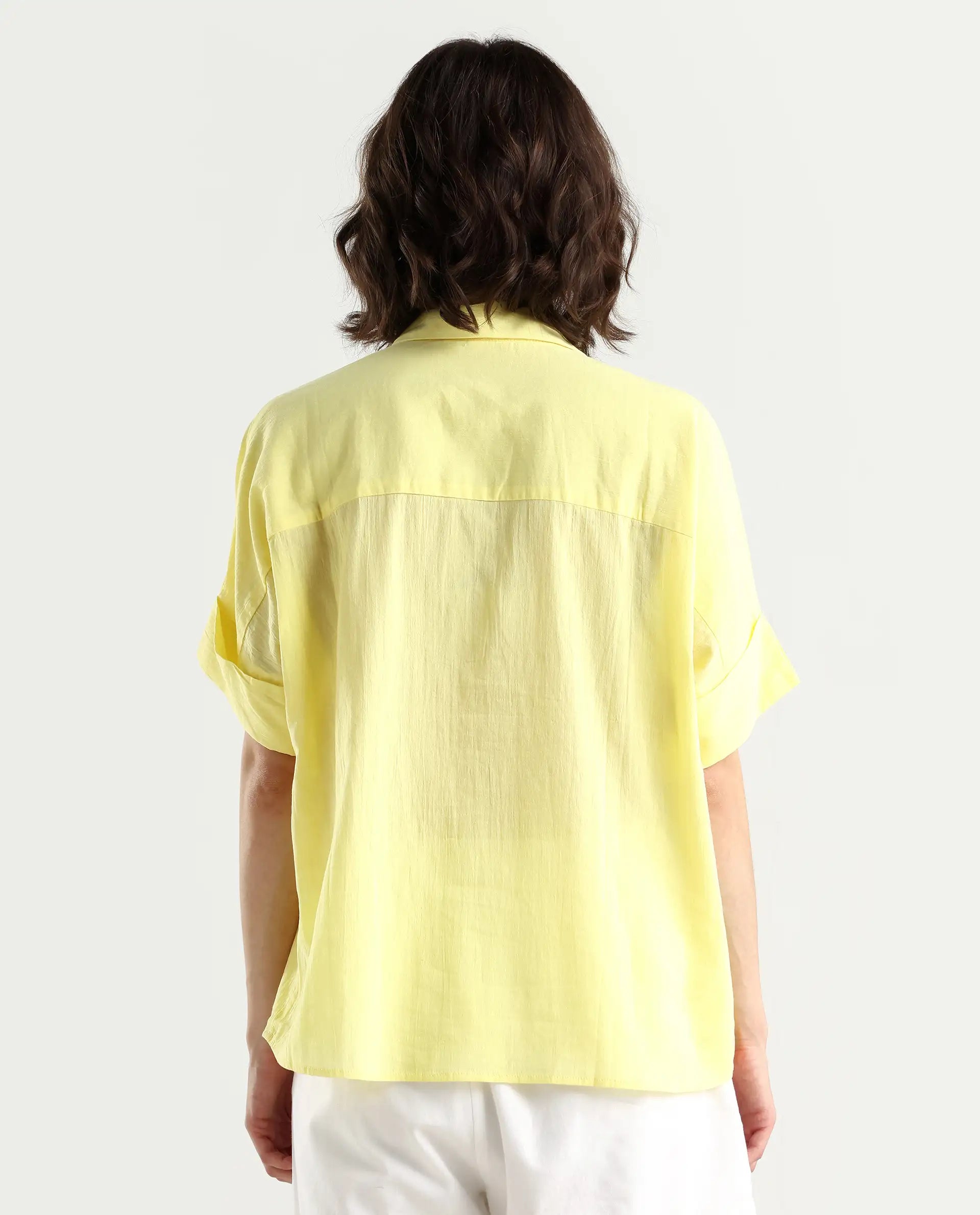 Rareism Women's Azzure Yellow Cotton Drop Collar Plain Extended Sleeves Boxy Fit Top