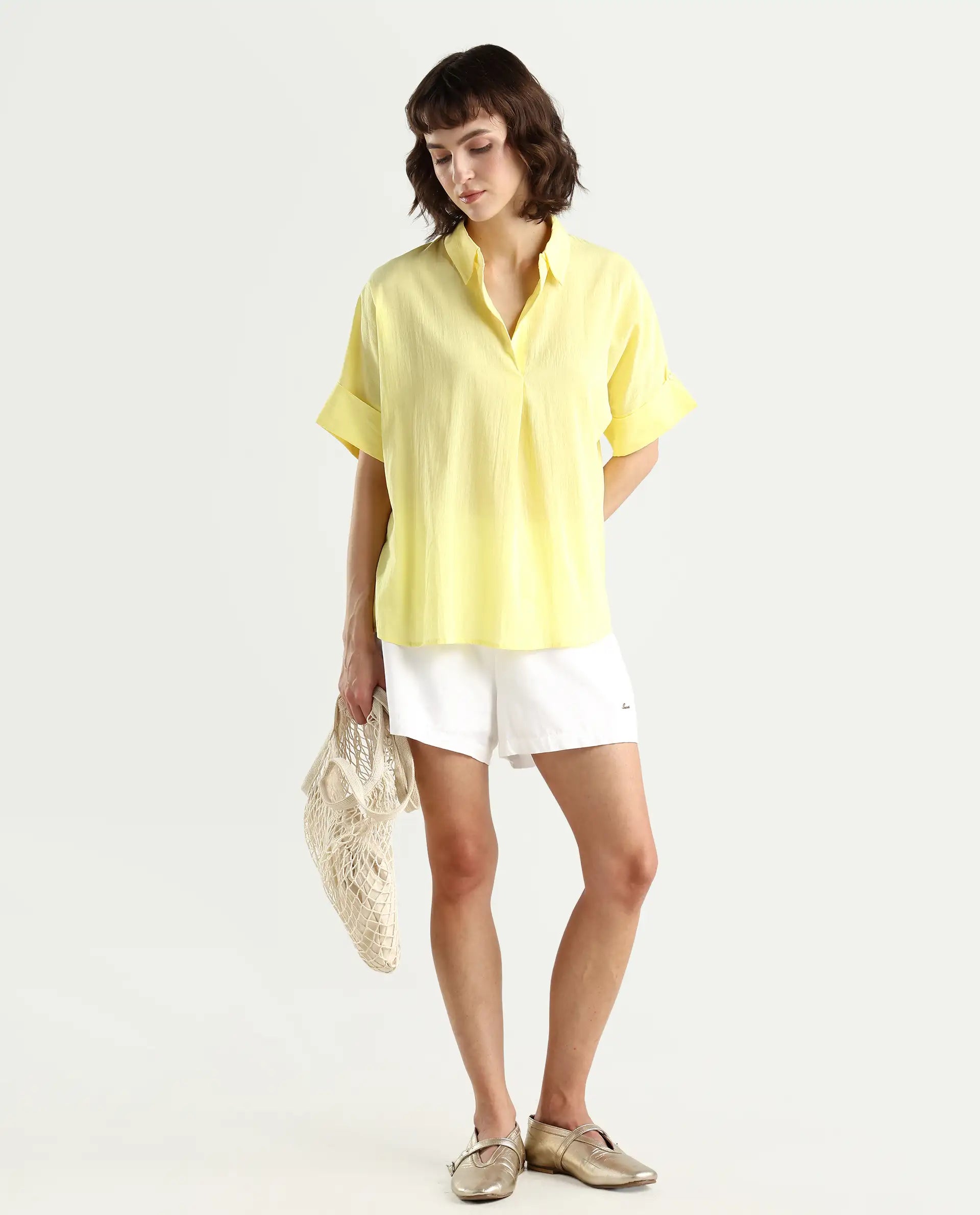 Rareism Women's Azzure Yellow Cotton Drop Collar Plain Extended Sleeves Boxy Fit Top