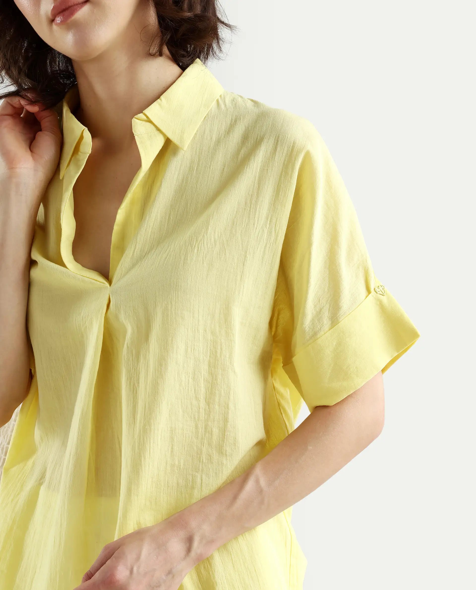 Rareism Women's Azzure Yellow Cotton Drop Collar Plain Extended Sleeves Boxy Fit Top