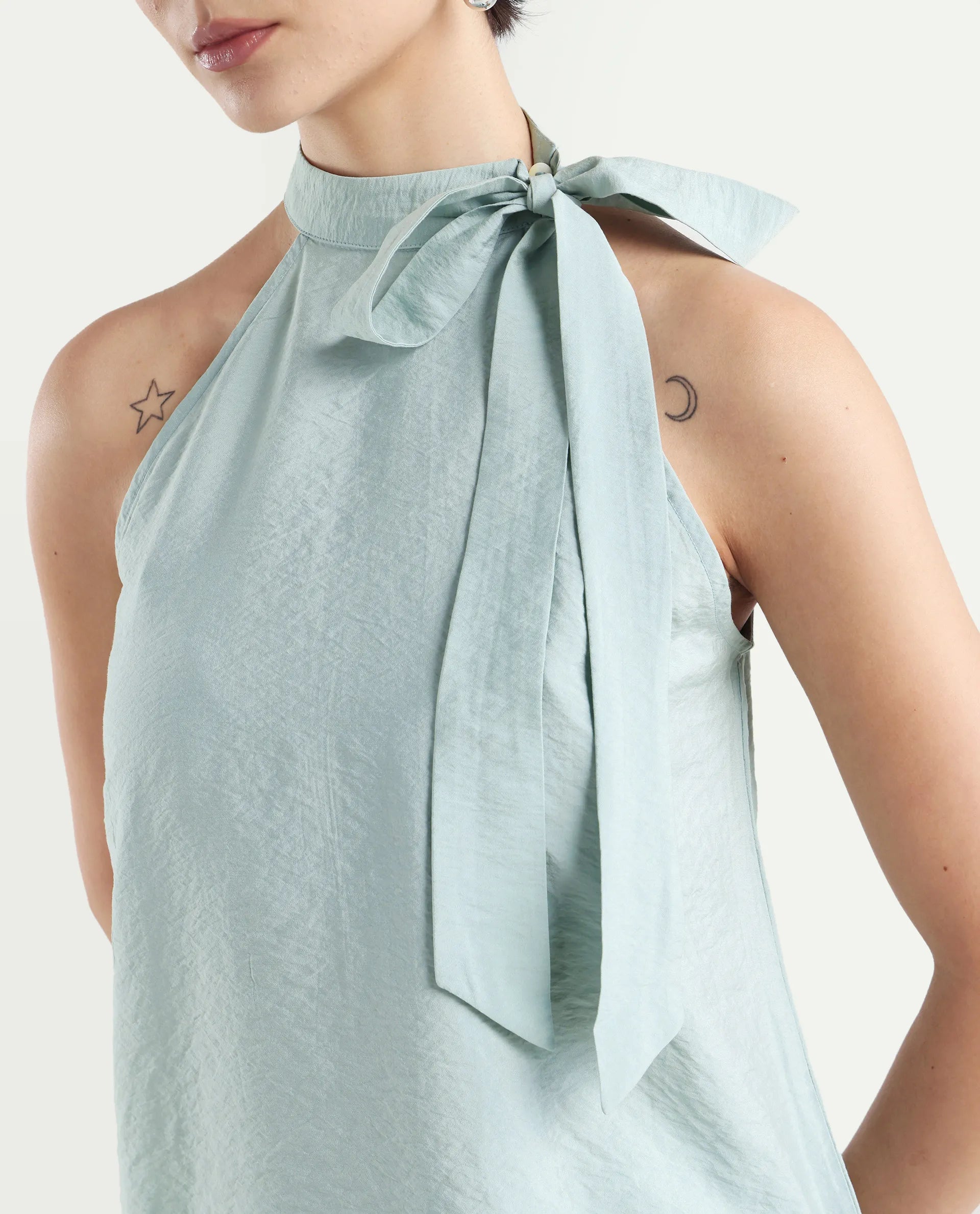 Rareism Women's Pinnacle Green Viscose Blend Halter Neck Plain Sleeveless Regular Fit Top