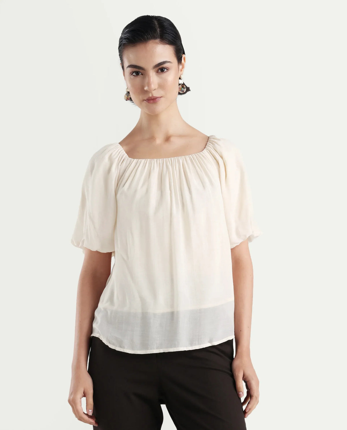 Rareism Women's Yelan Beige Square Neck Plain Balloon Sleeve Relaxed Fit Top